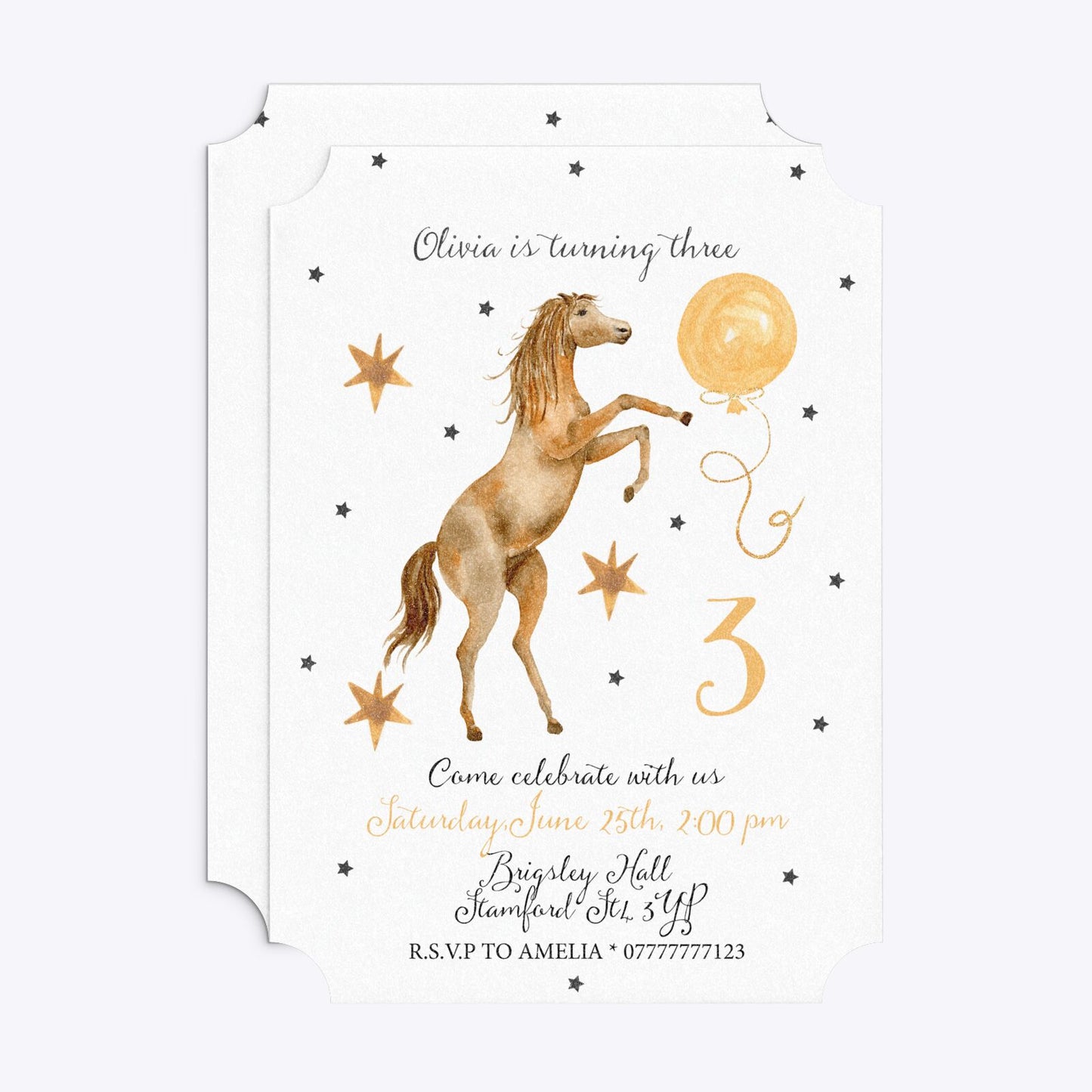 Personalised Horse Happy Birthday Ticket Invitation Glitter Front and Back Image