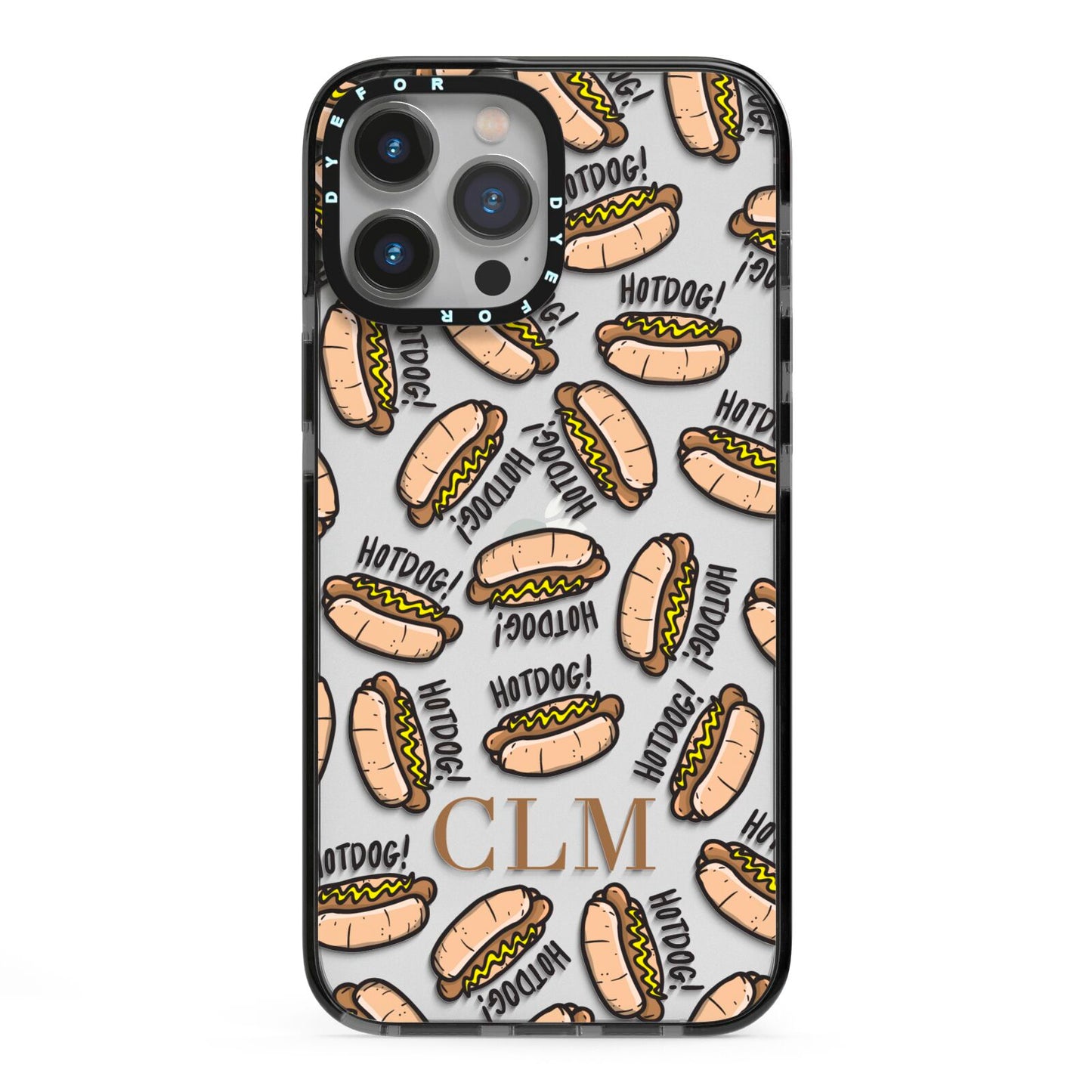 Personalised Hot Dog Initials iPhone 13 Pro Max Black Impact Case on Silver phone