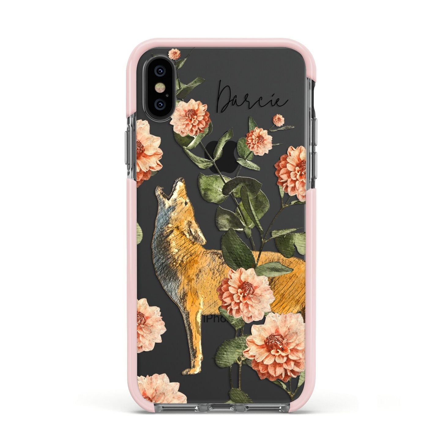 Personalised Howling Wolf Apple iPhone Xs Impact Case Pink Edge on Black Phone