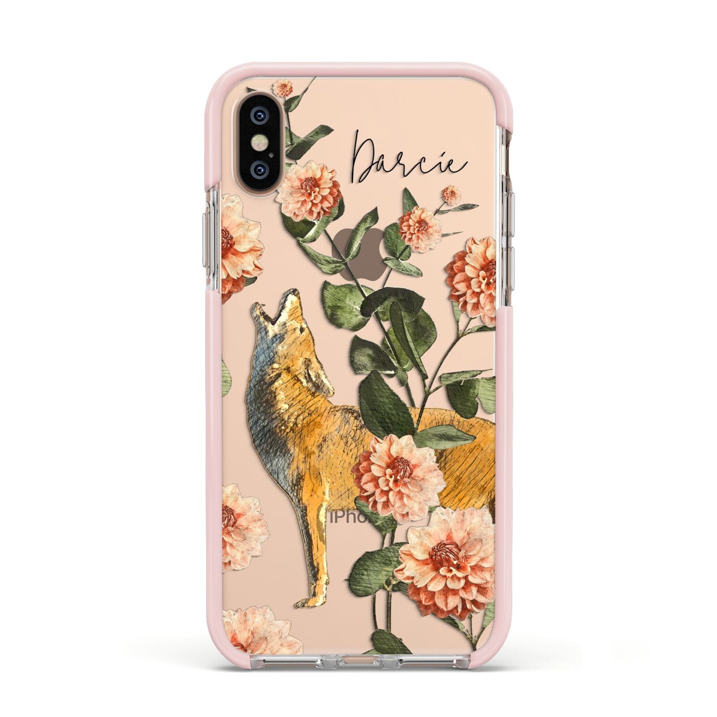 Personalised Howling Wolf Apple iPhone Xs Impact Case Pink Edge on Gold Phone