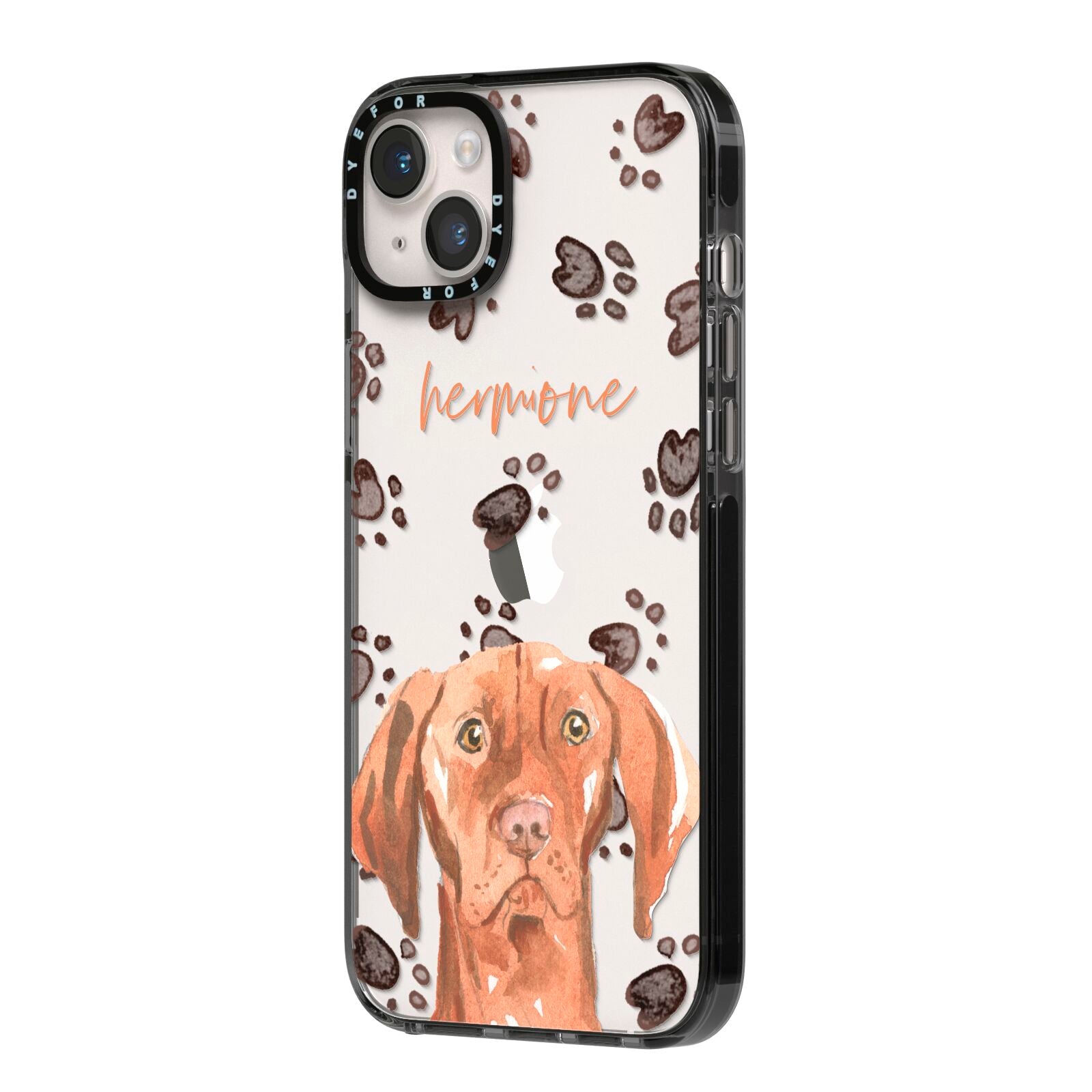 Personalised Hungarian Vizsla iPhone 14 Plus Black Impact Case Side Angle on Silver phone