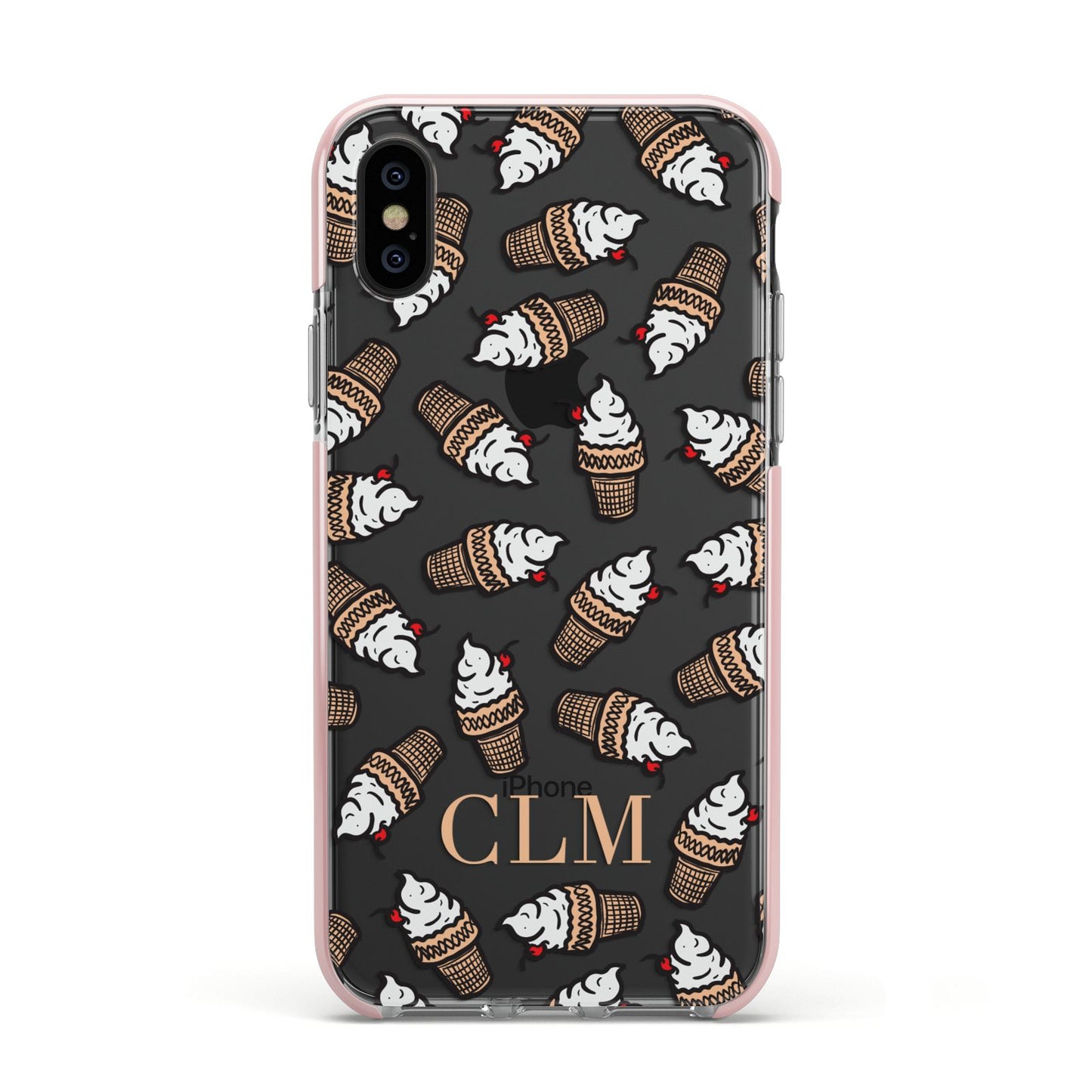 Personalised Ice Cream Initials Apple iPhone Xs Impact Case Pink Edge on Black Phone