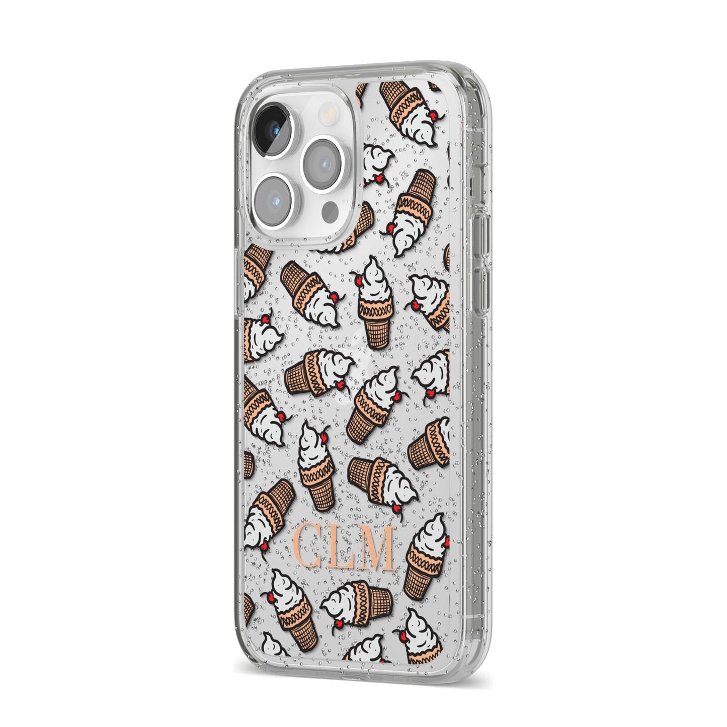 Personalised Ice Cream Initials iPhone 14 Pro Max Glitter Tough Case Silver Angled Image