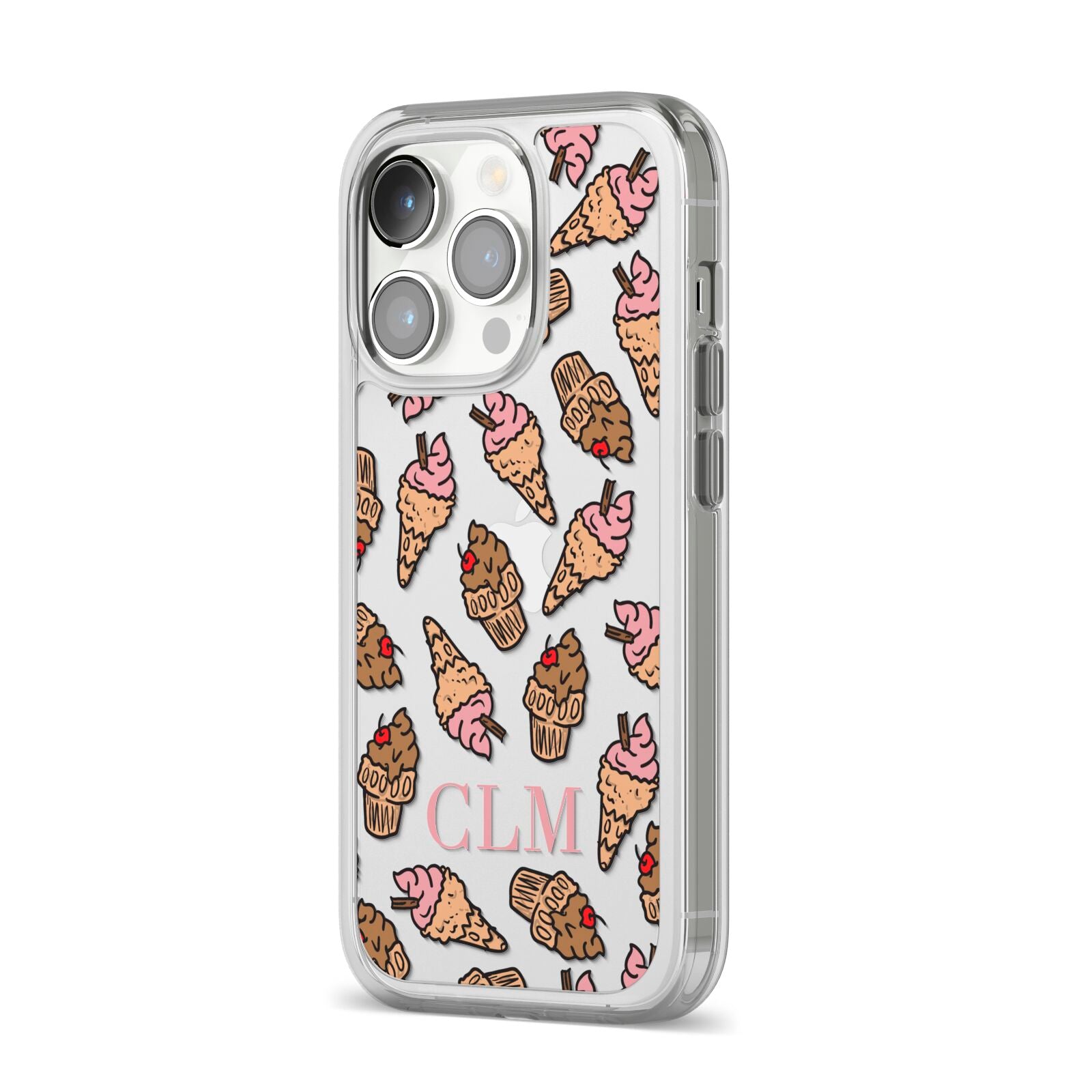 Personalised Ice Creams Initials iPhone 14 Pro Clear Tough Case Silver Angled Image