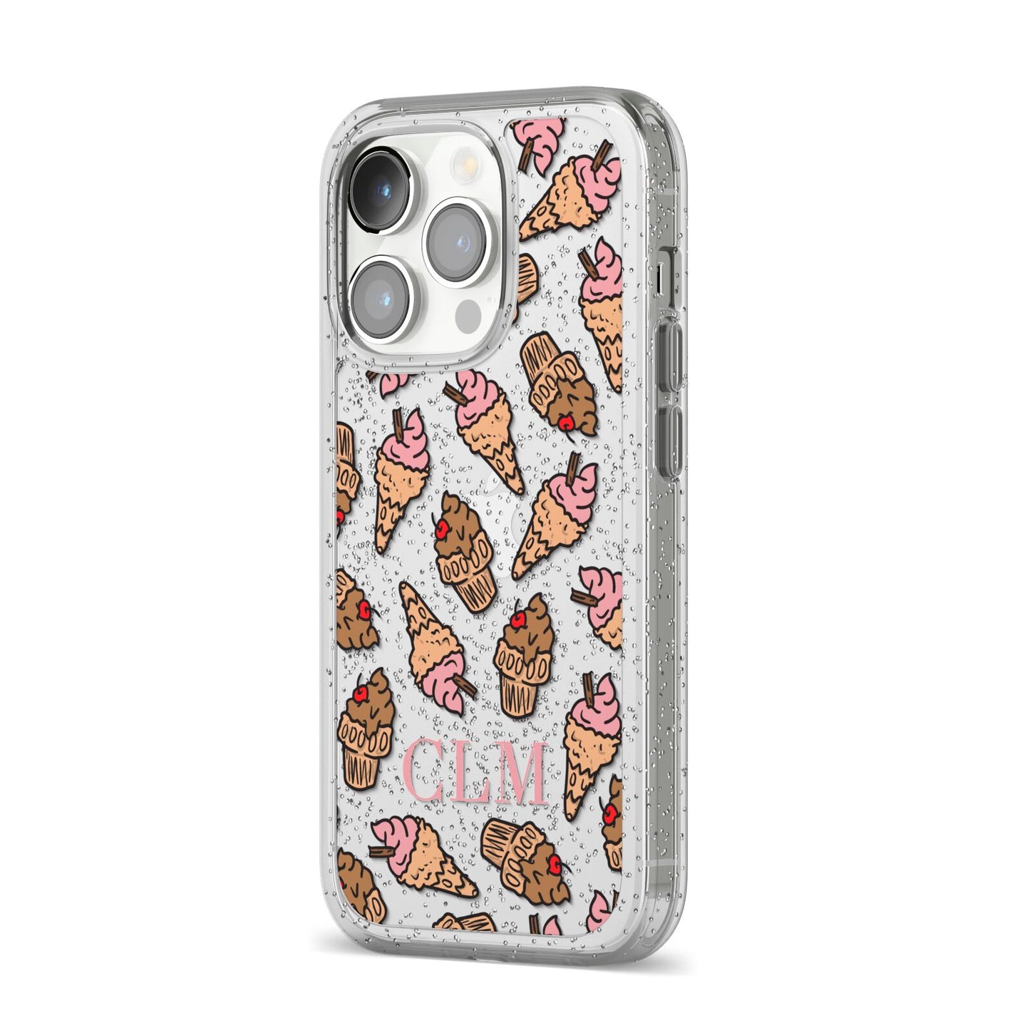 Personalised Ice Creams Initials iPhone 14 Pro Glitter Tough Case Silver Angled Image