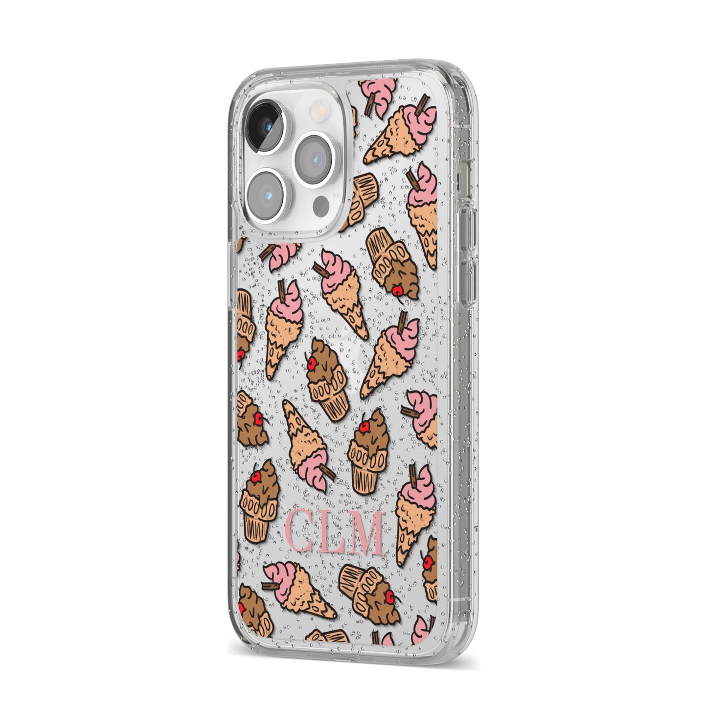 Personalised Ice Creams Initials iPhone 14 Pro Max Glitter Tough Case Silver Angled Image