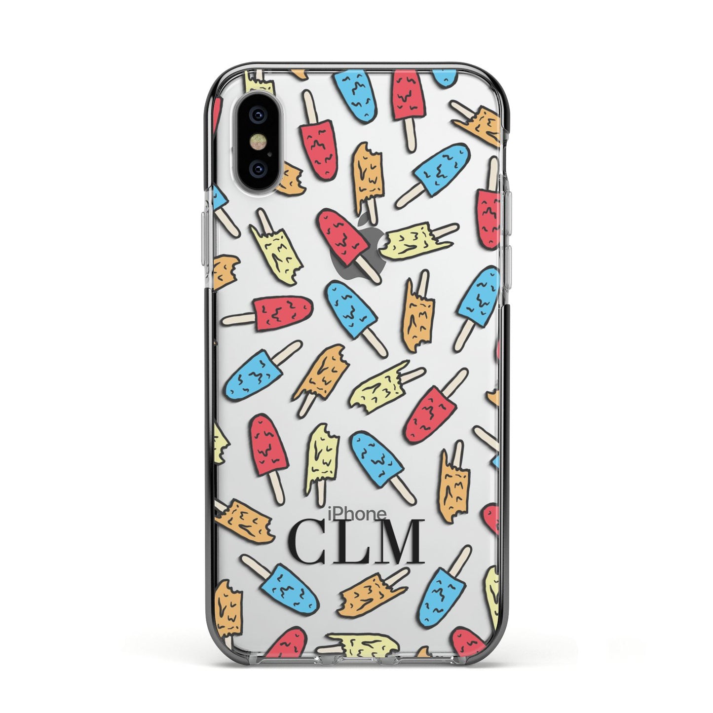 Personalised Ice Lolly Initials Apple iPhone Xs Impact Case Black Edge on Silver Phone