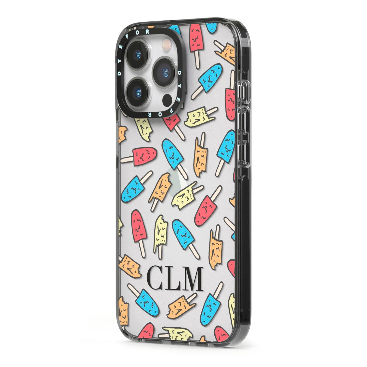 Personalised Ice Lolly Initials iPhone 13 Pro Black Impact Case Side Angle on Silver phone