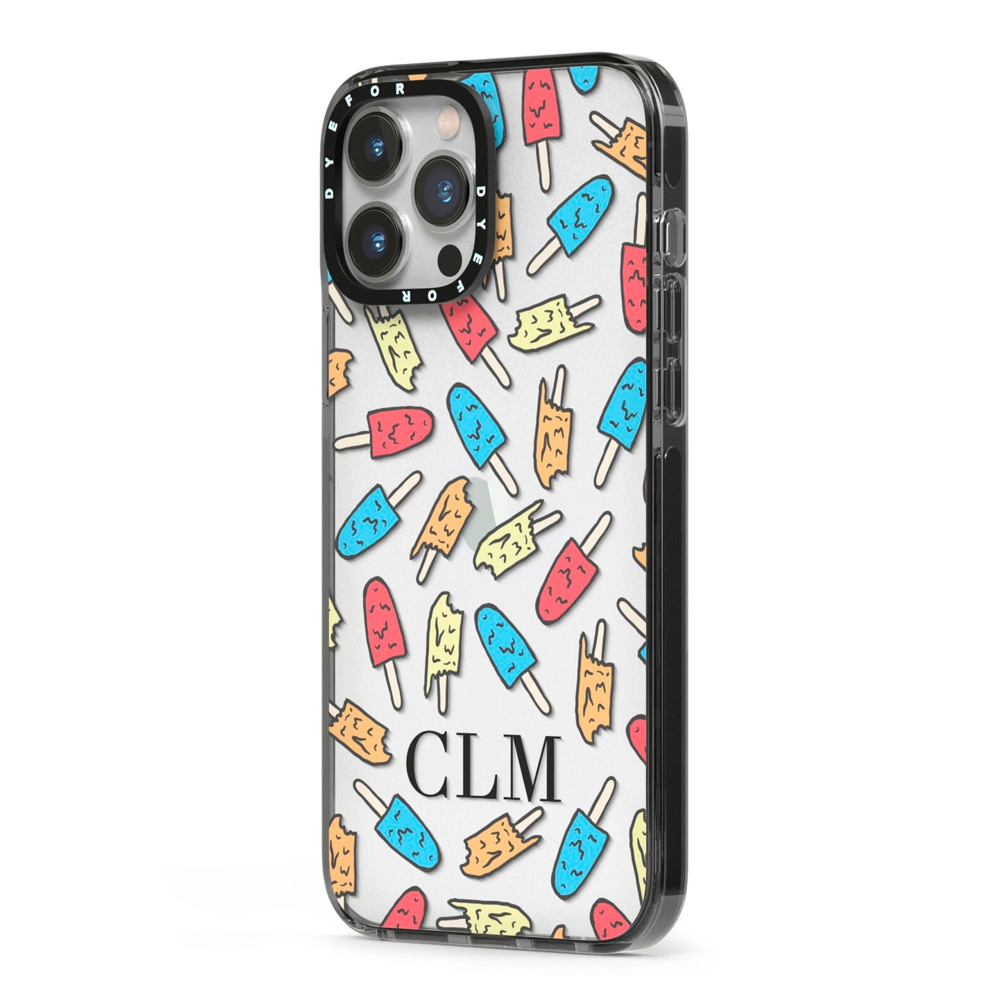 Personalised Ice Lolly Initials iPhone 13 Pro Max Black Impact Case Side Angle on Silver phone