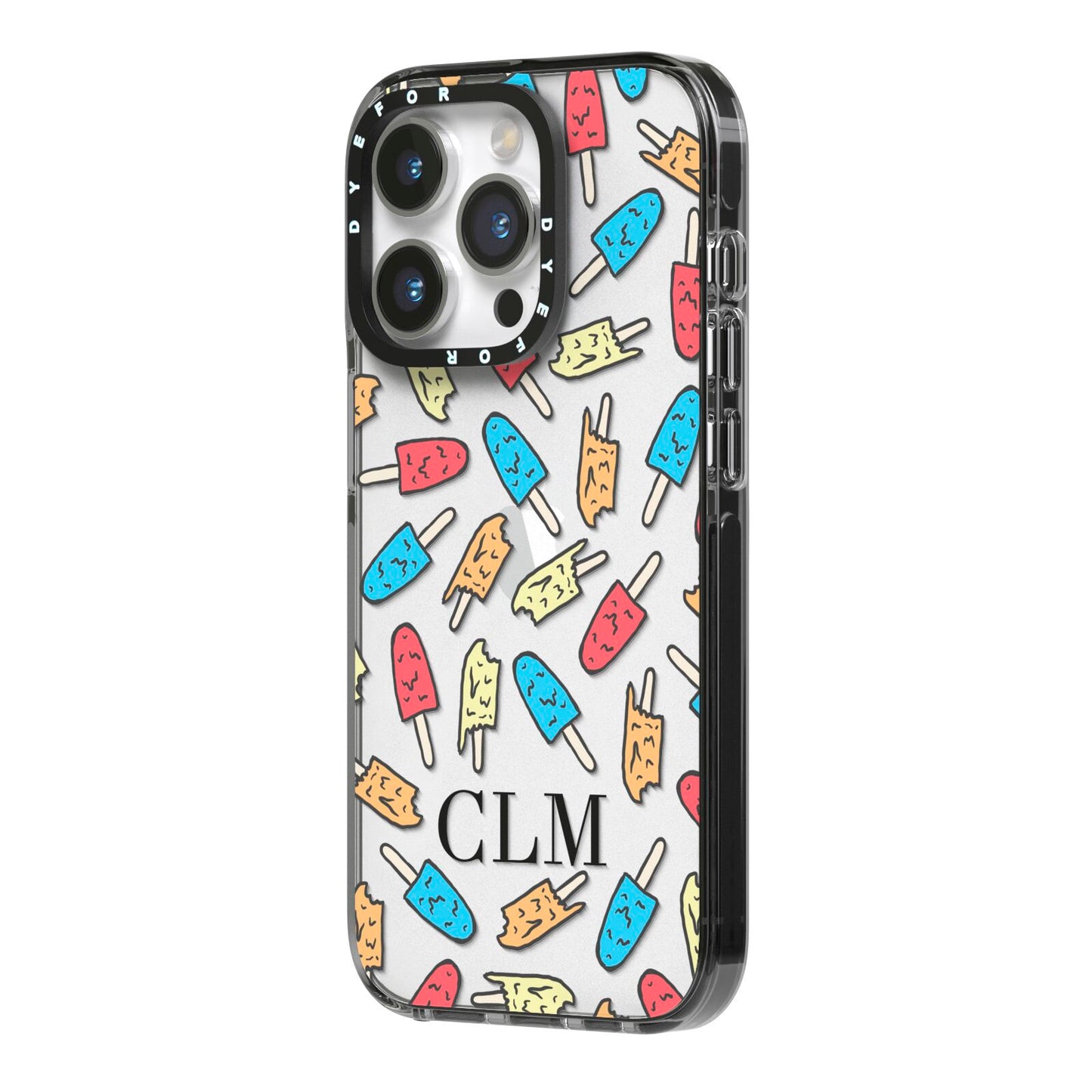 Personalised Ice Lolly Initials iPhone 14 Pro Black Impact Case Side Angle on Silver phone