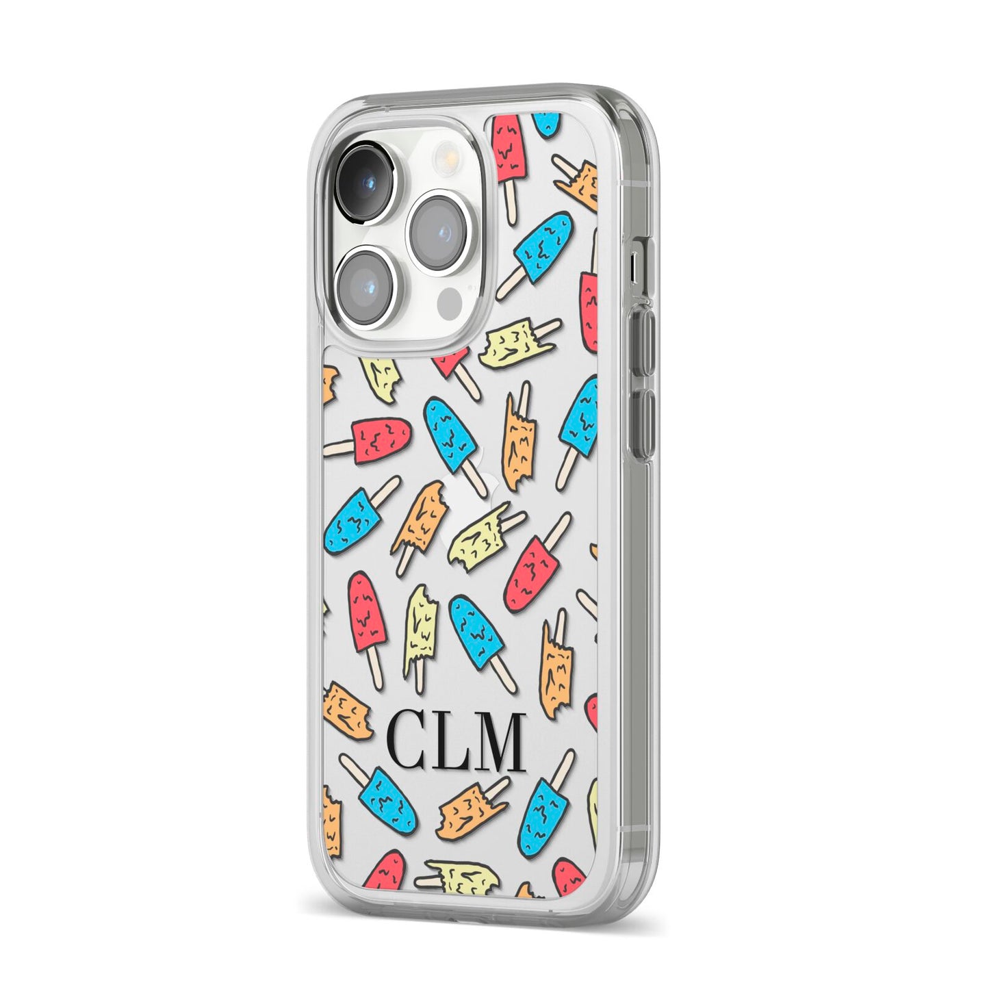 Personalised Ice Lolly Initials iPhone 14 Pro Clear Tough Case Silver Angled Image