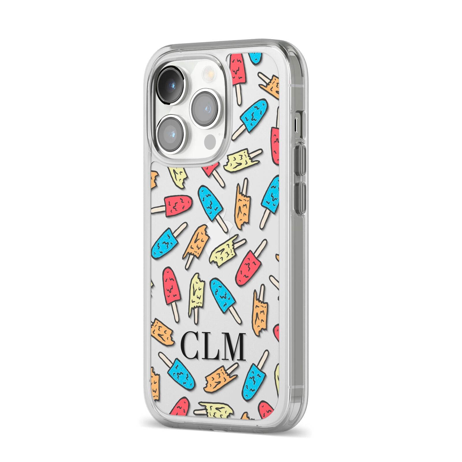 Personalised Ice Lolly Initials iPhone 14 Pro Clear Tough Case Silver Angled Image