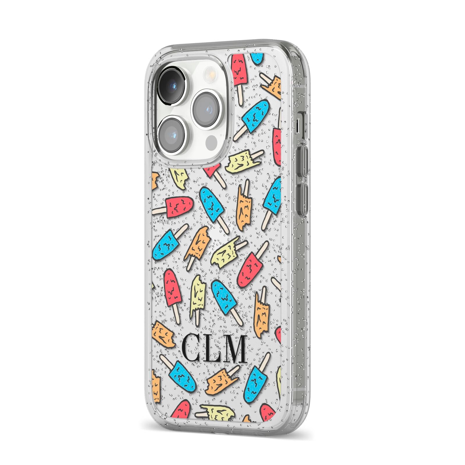 Personalised Ice Lolly Initials iPhone 14 Pro Glitter Tough Case Silver Angled Image