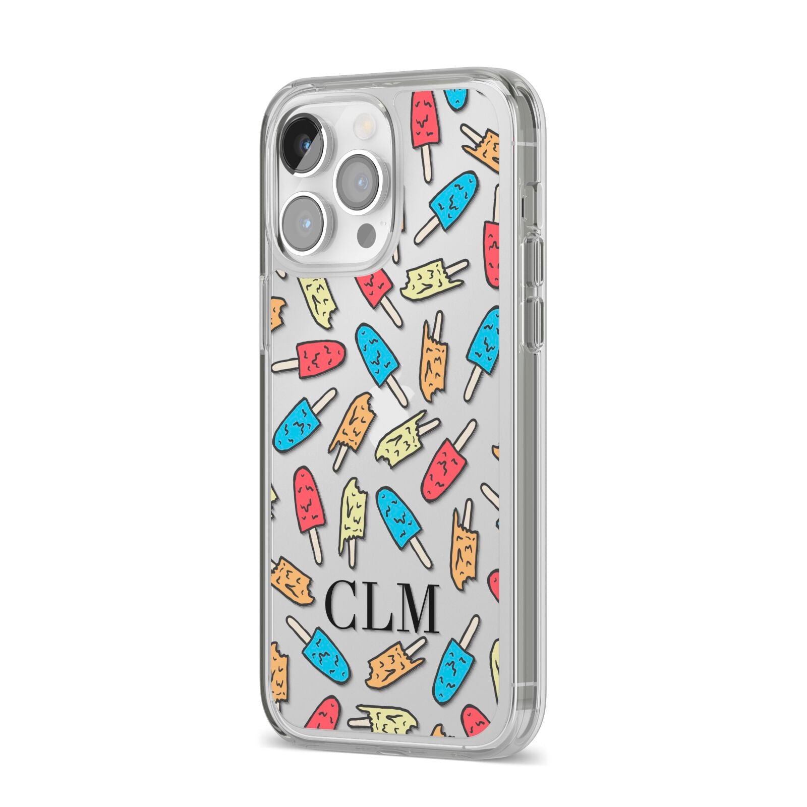 Personalised Ice Lolly Initials iPhone 14 Pro Max Clear Tough Case Silver Angled Image