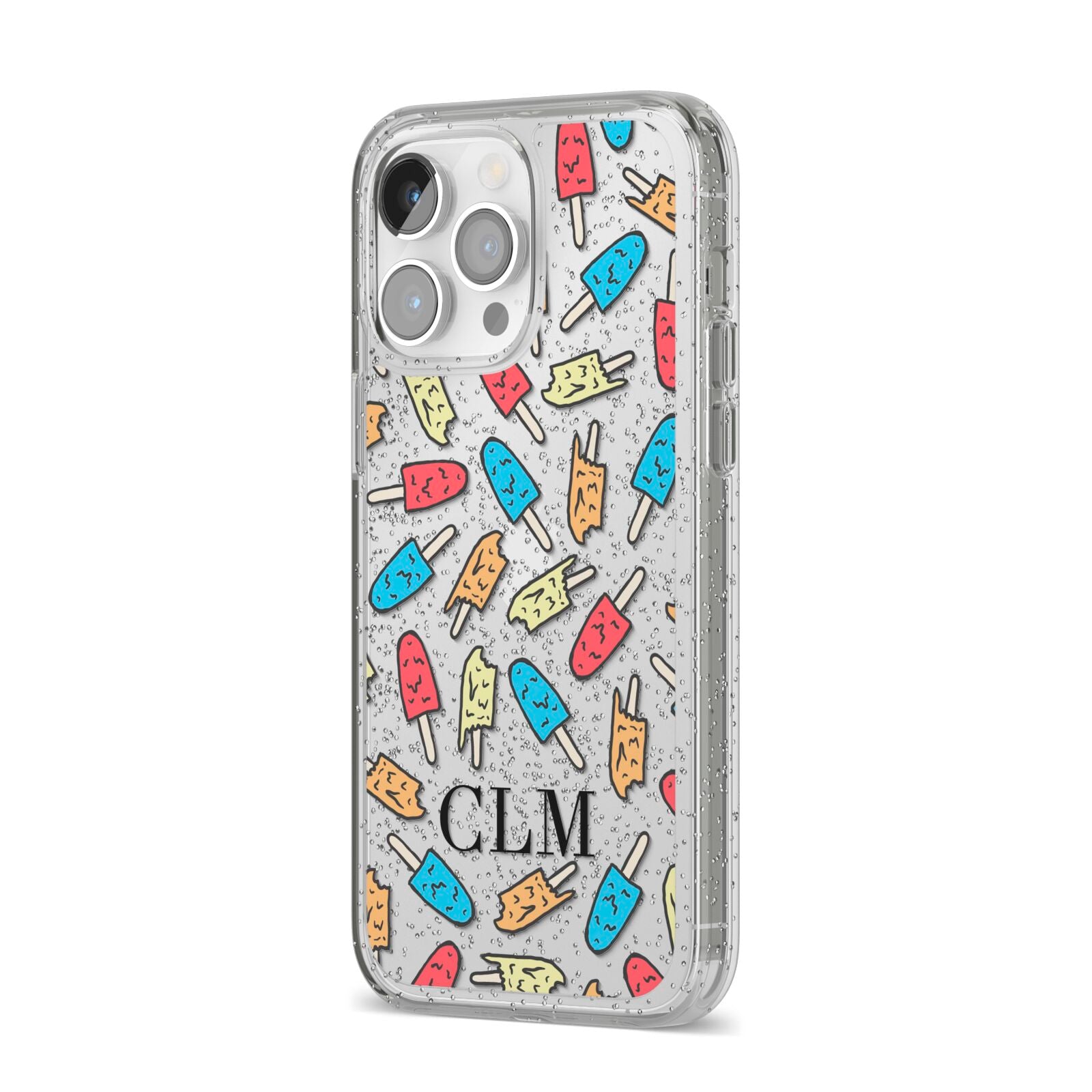 Personalised Ice Lolly Initials iPhone 14 Pro Max Glitter Tough Case Silver Angled Image