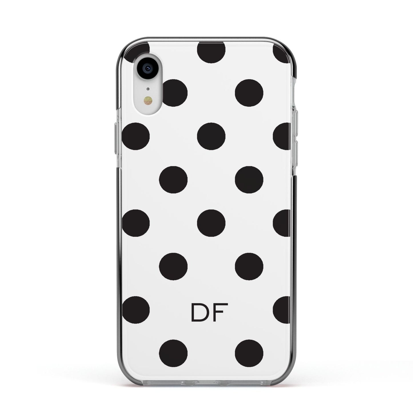 Personalised Initial Black Dots Apple iPhone XR Impact Case Black Edge on Silver Phone