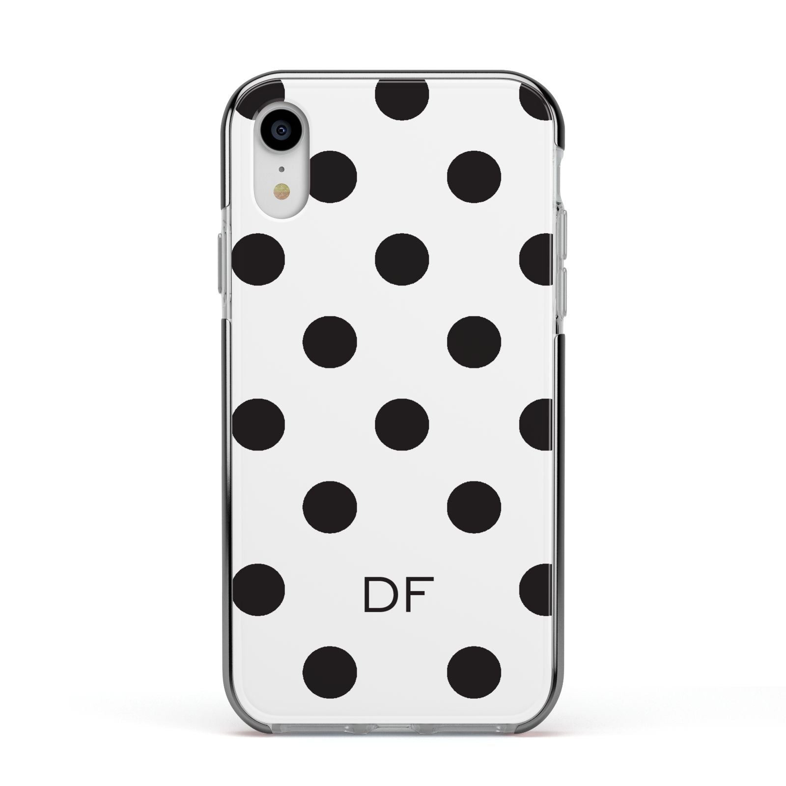 Personalised Initial Black Dots Apple iPhone XR Impact Case Black Edge on Silver Phone