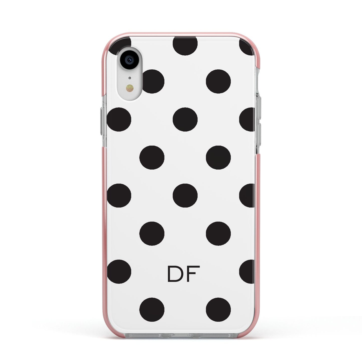 Personalised Initial Black Dots Apple iPhone XR Impact Case Pink Edge on Silver Phone