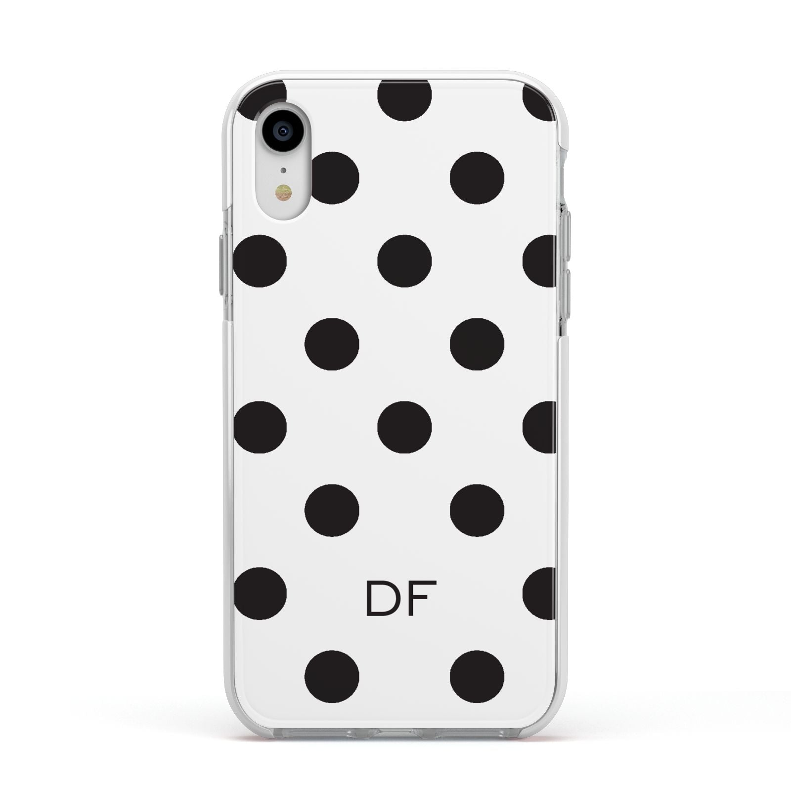 Personalised Initial Black Dots Apple iPhone XR Impact Case White Edge on Silver Phone