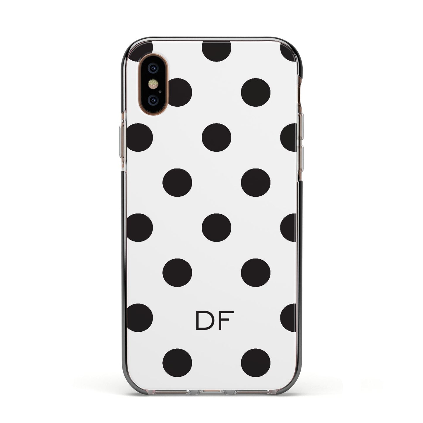 Personalised Initial Black Dots Apple iPhone Xs Impact Case Black Edge on Gold Phone