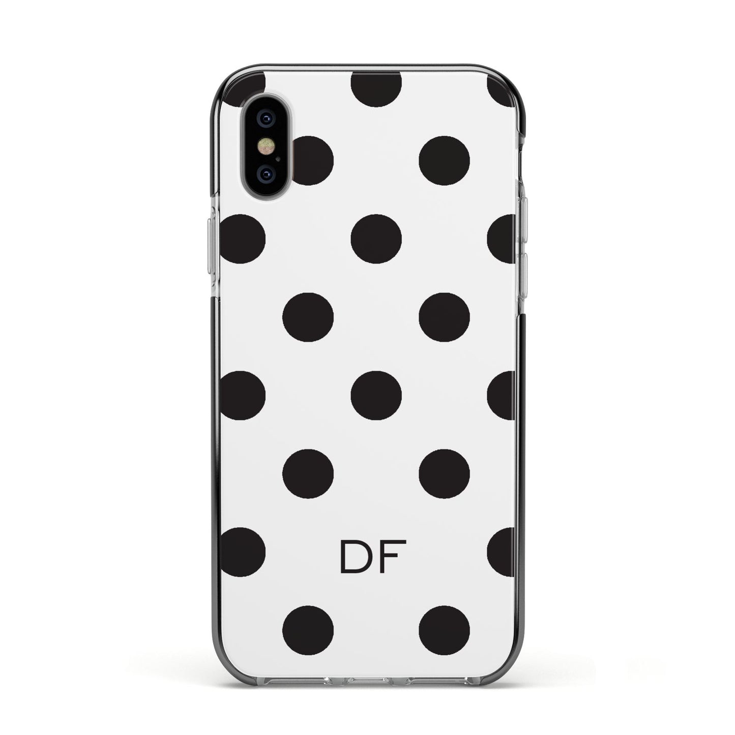 Personalised Initial Black Dots Apple iPhone Xs Impact Case Black Edge on Silver Phone