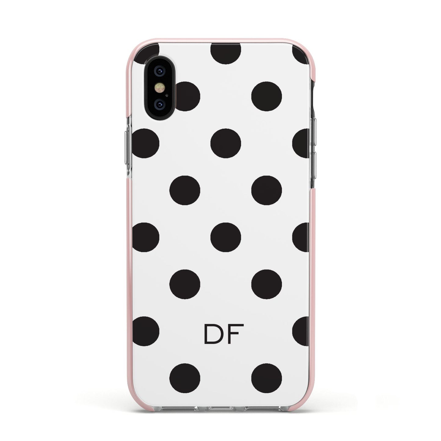 Personalised Initial Black Dots Apple iPhone Xs Impact Case Pink Edge on Black Phone