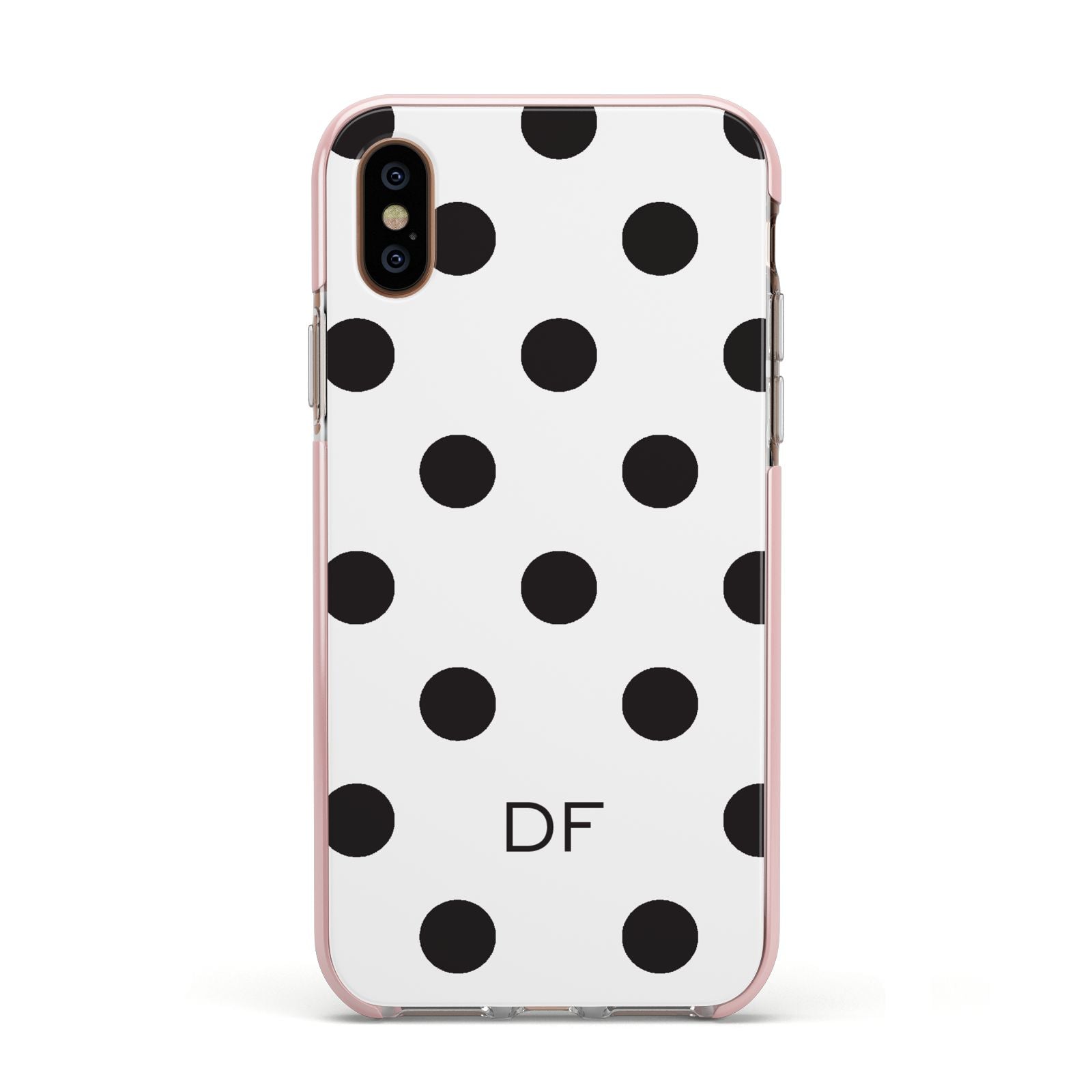 Personalised Initial Black Dots Apple iPhone Xs Impact Case Pink Edge on Gold Phone