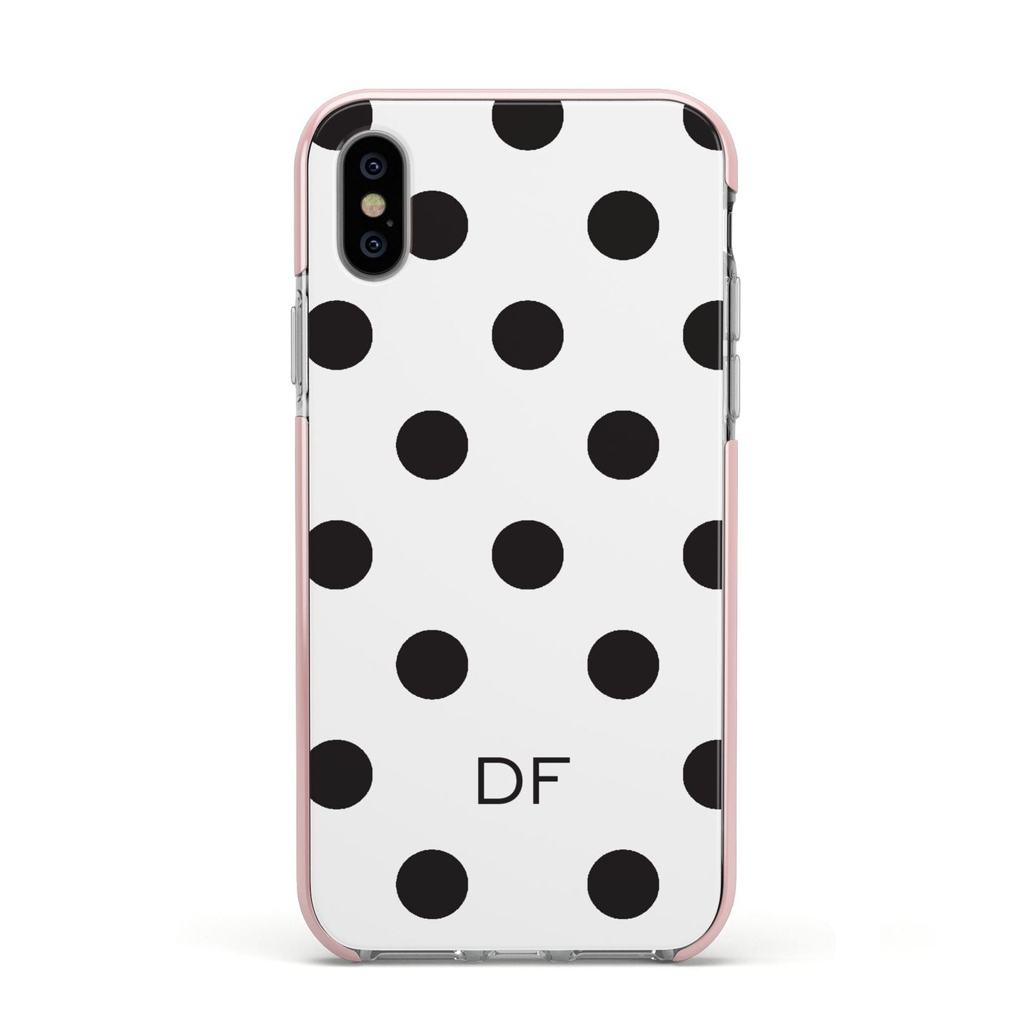 Personalised Initial Black Dots Apple iPhone Xs Impact Case Pink Edge on Silver Phone