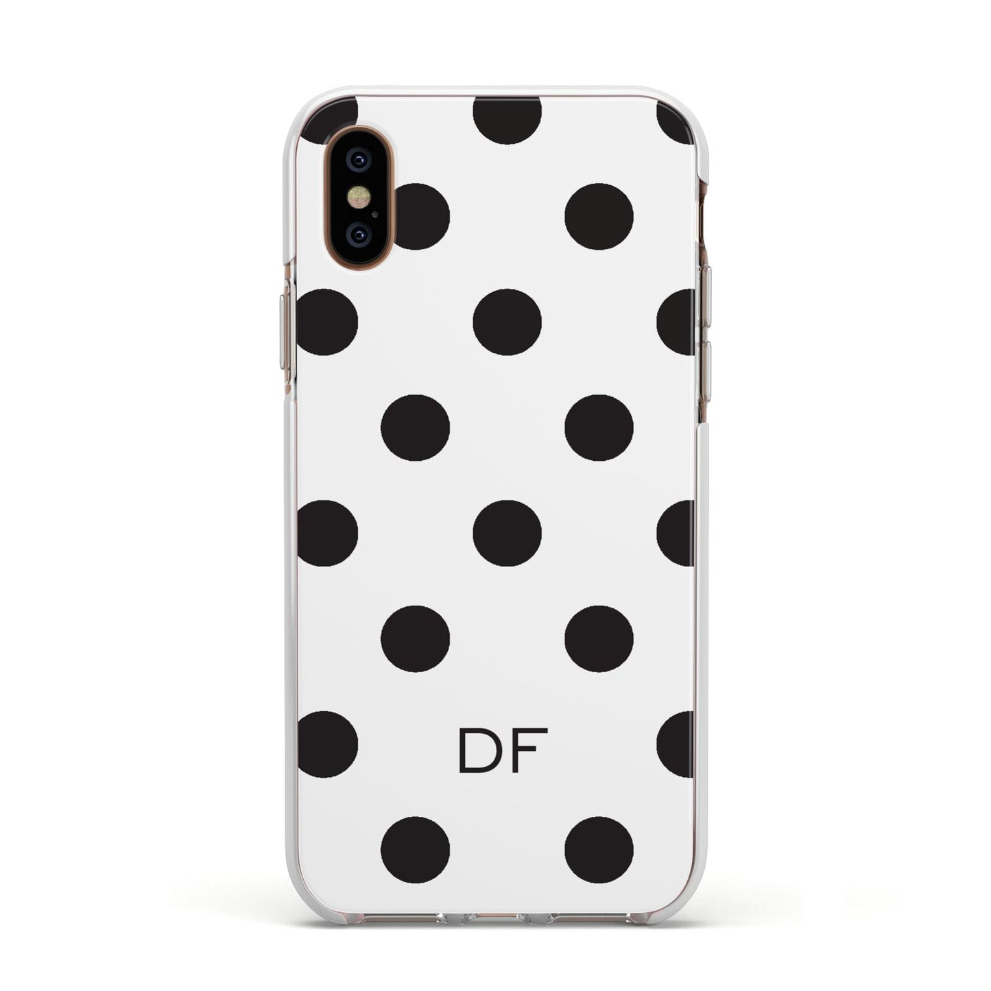 Personalised Initial Black Dots Apple iPhone Xs Impact Case White Edge on Gold Phone