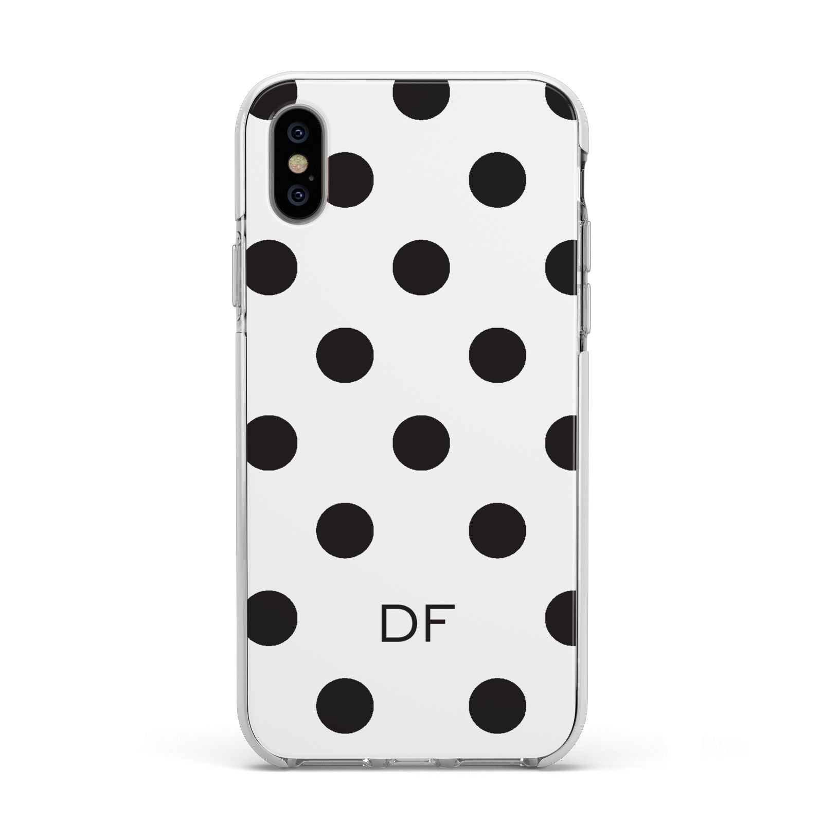 Personalised Initial Black Dots Apple iPhone Xs Impact Case White Edge on Silver Phone