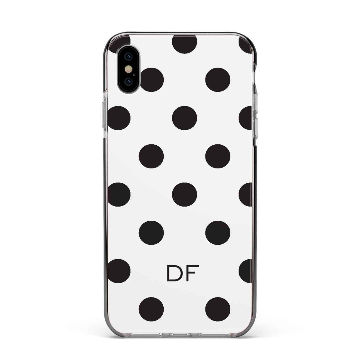 Personalised Initial Black Dots Apple iPhone Xs Max Impact Case Black Edge on Silver Phone