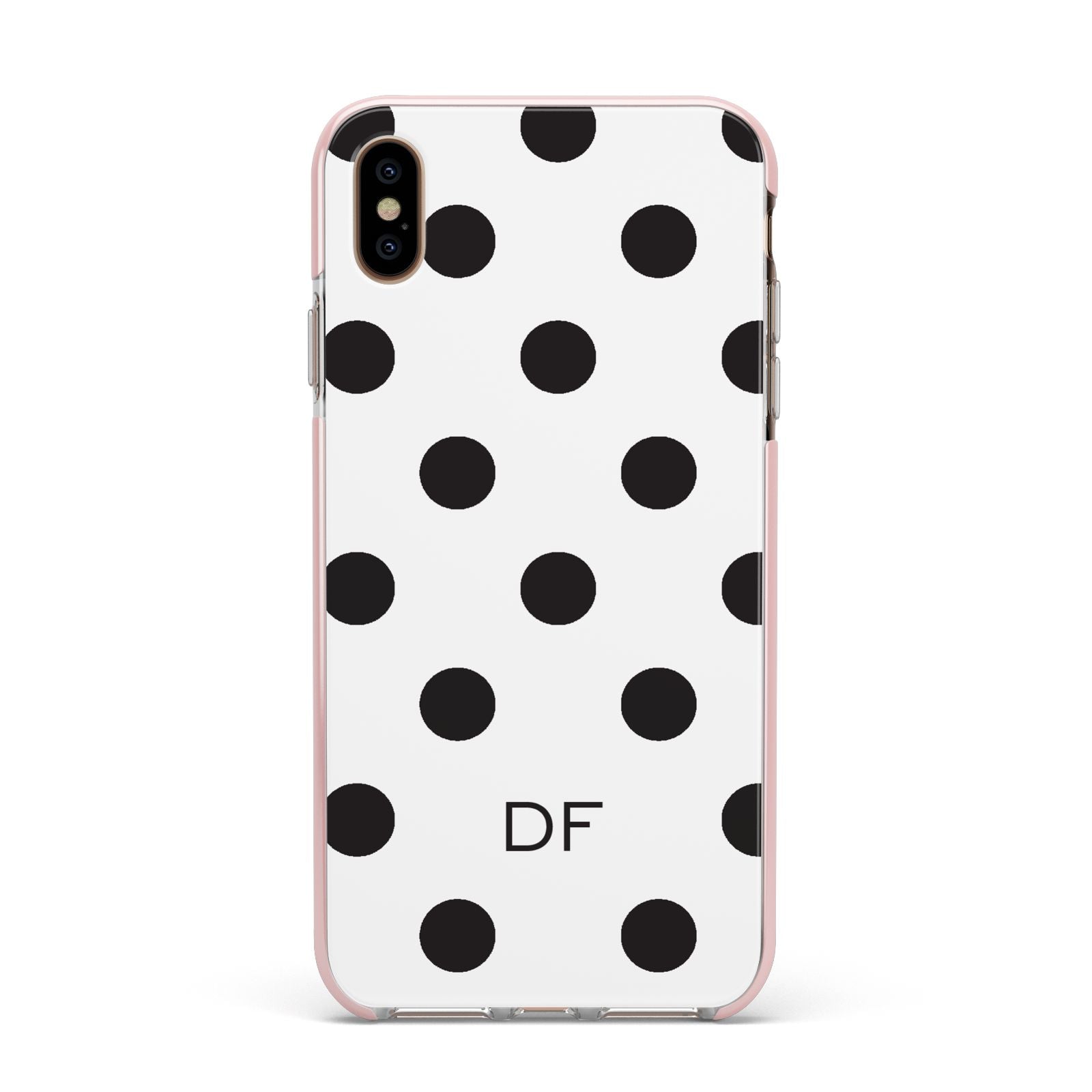 Personalised Initial Black Dots Apple iPhone Xs Max Impact Case Pink Edge on Gold Phone