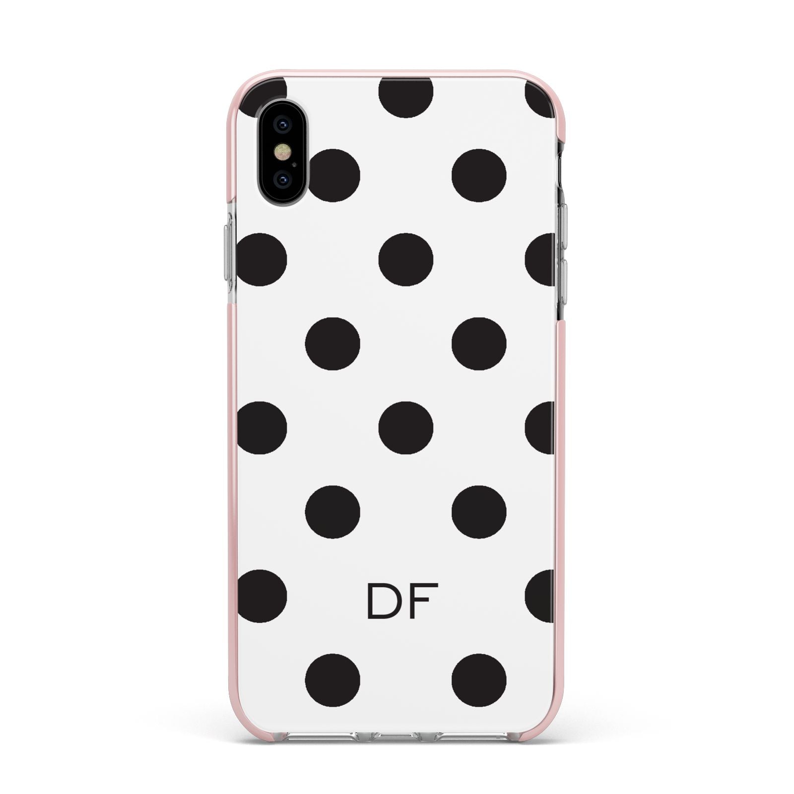 Personalised Initial Black Dots Apple iPhone Xs Max Impact Case Pink Edge on Silver Phone