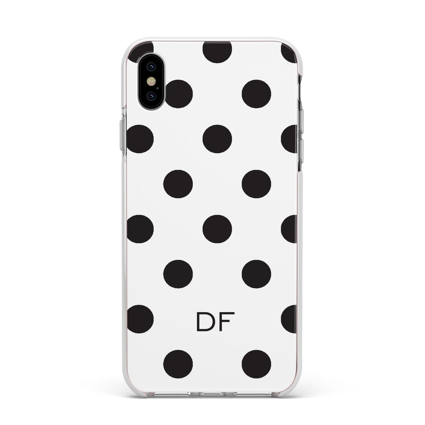 Personalised Initial Black Dots Apple iPhone Xs Max Impact Case White Edge on Silver Phone