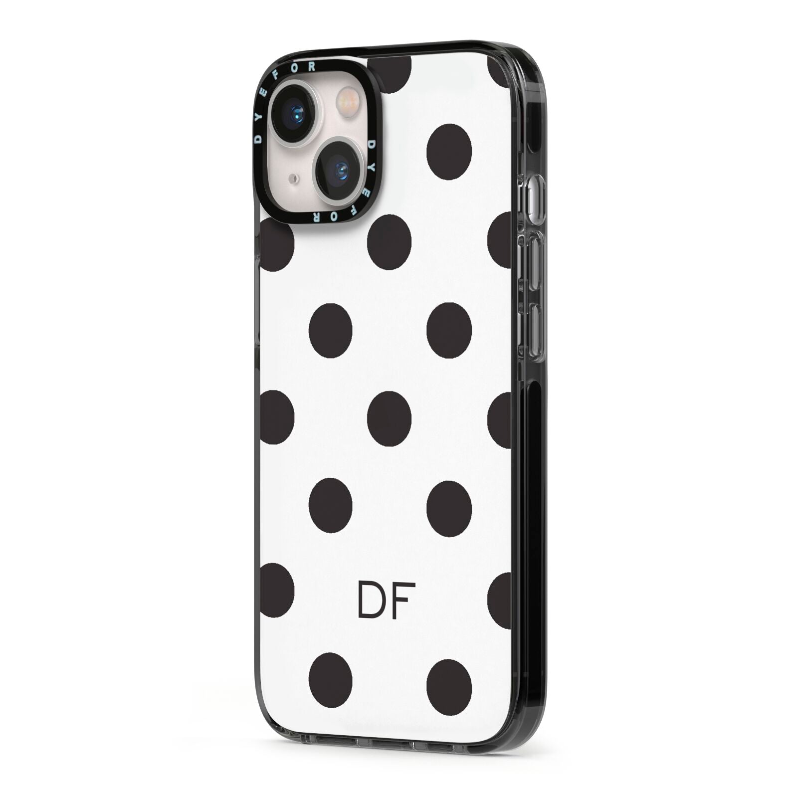 Personalised Initial Black Dots iPhone 13 Black Impact Case Side Angle on Silver phone