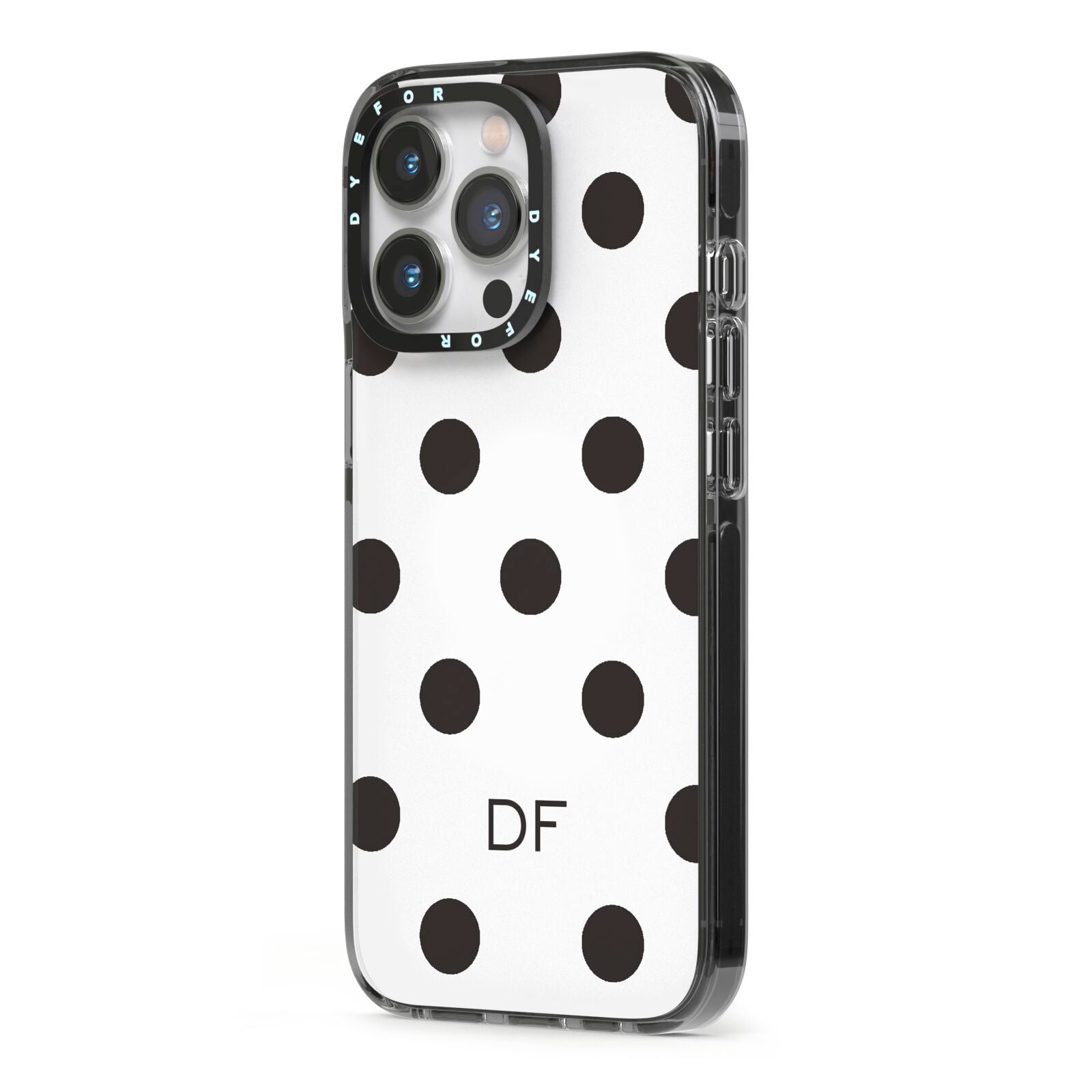 Personalised Initial Black Dots iPhone 13 Pro Black Impact Case Side Angle on Silver phone