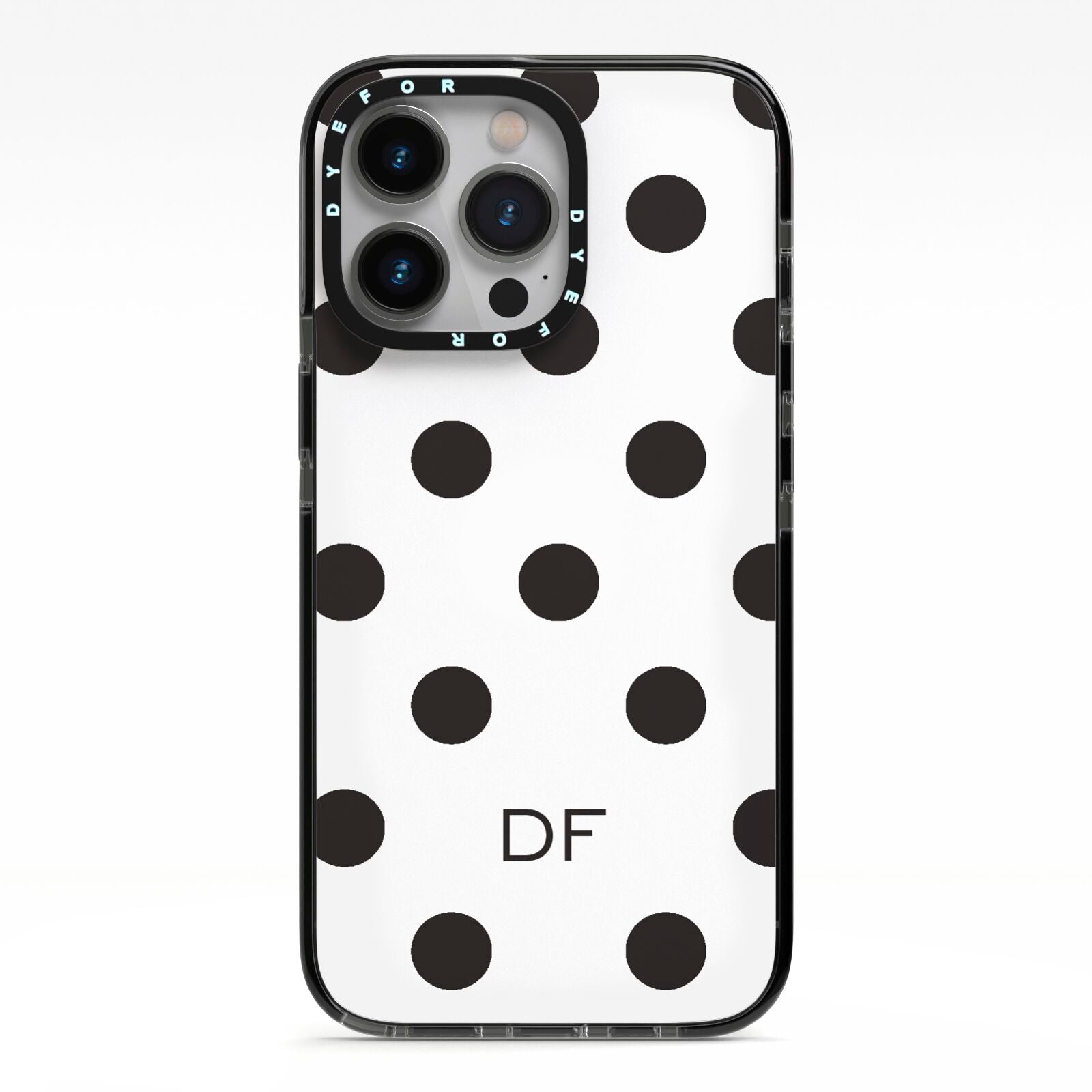 Personalised Initial Black Dots iPhone 13 Pro Black Impact Case on Silver phone