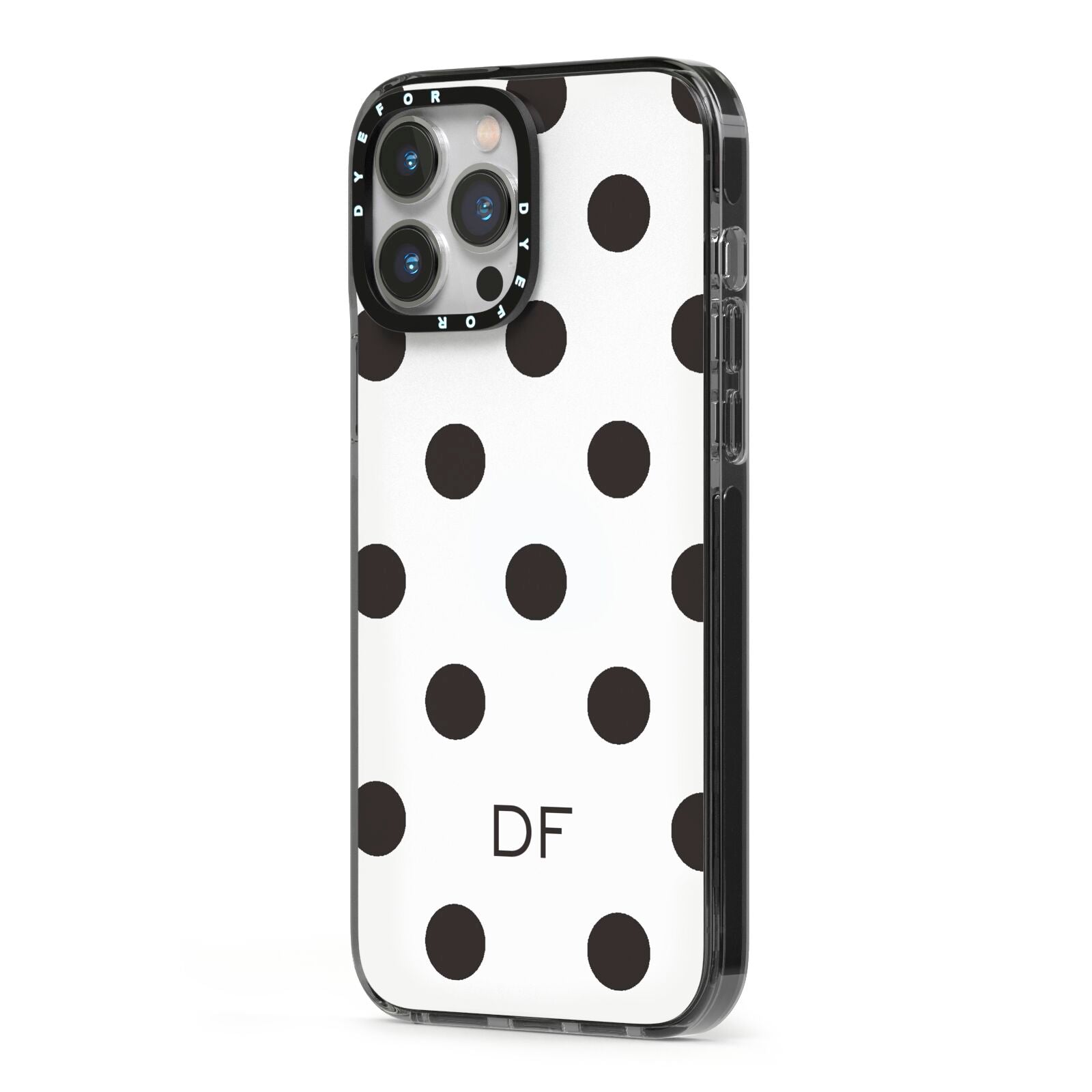 Personalised Initial Black Dots iPhone 13 Pro Max Black Impact Case Side Angle on Silver phone