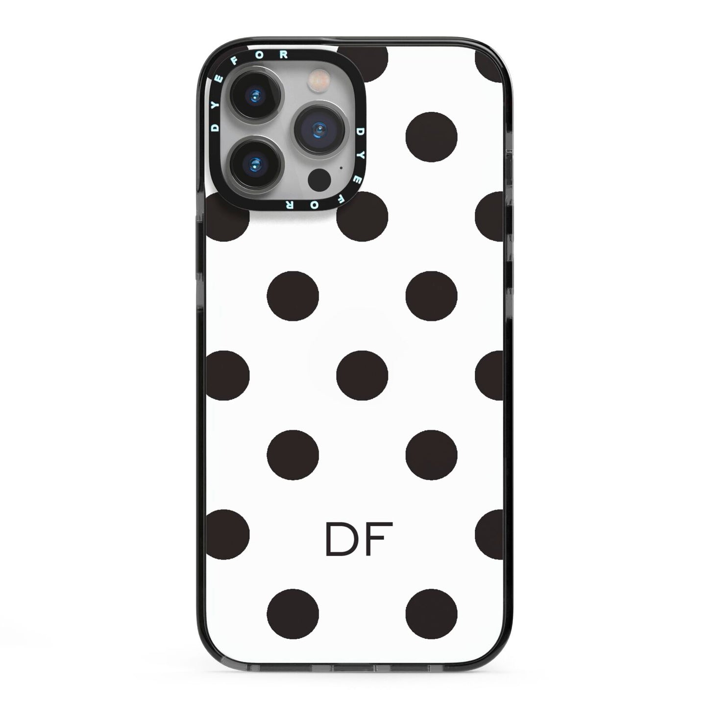 Personalised Initial Black Dots iPhone 13 Pro Max Black Impact Case on Silver phone