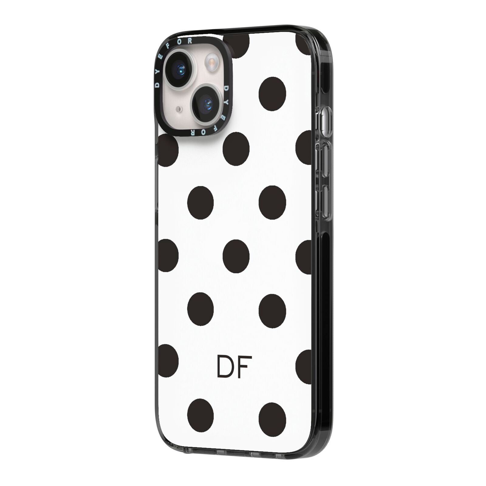 Personalised Initial Black Dots iPhone 14 Black Impact Case Side Angle on Silver phone