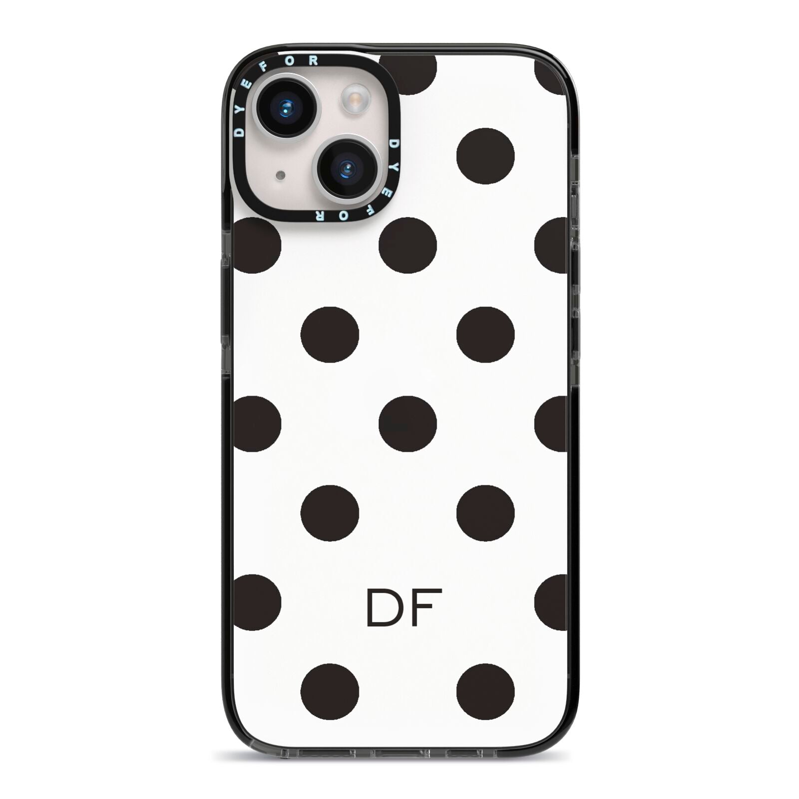 Personalised Initial Black Dots iPhone 14 Black Impact Case on Silver phone