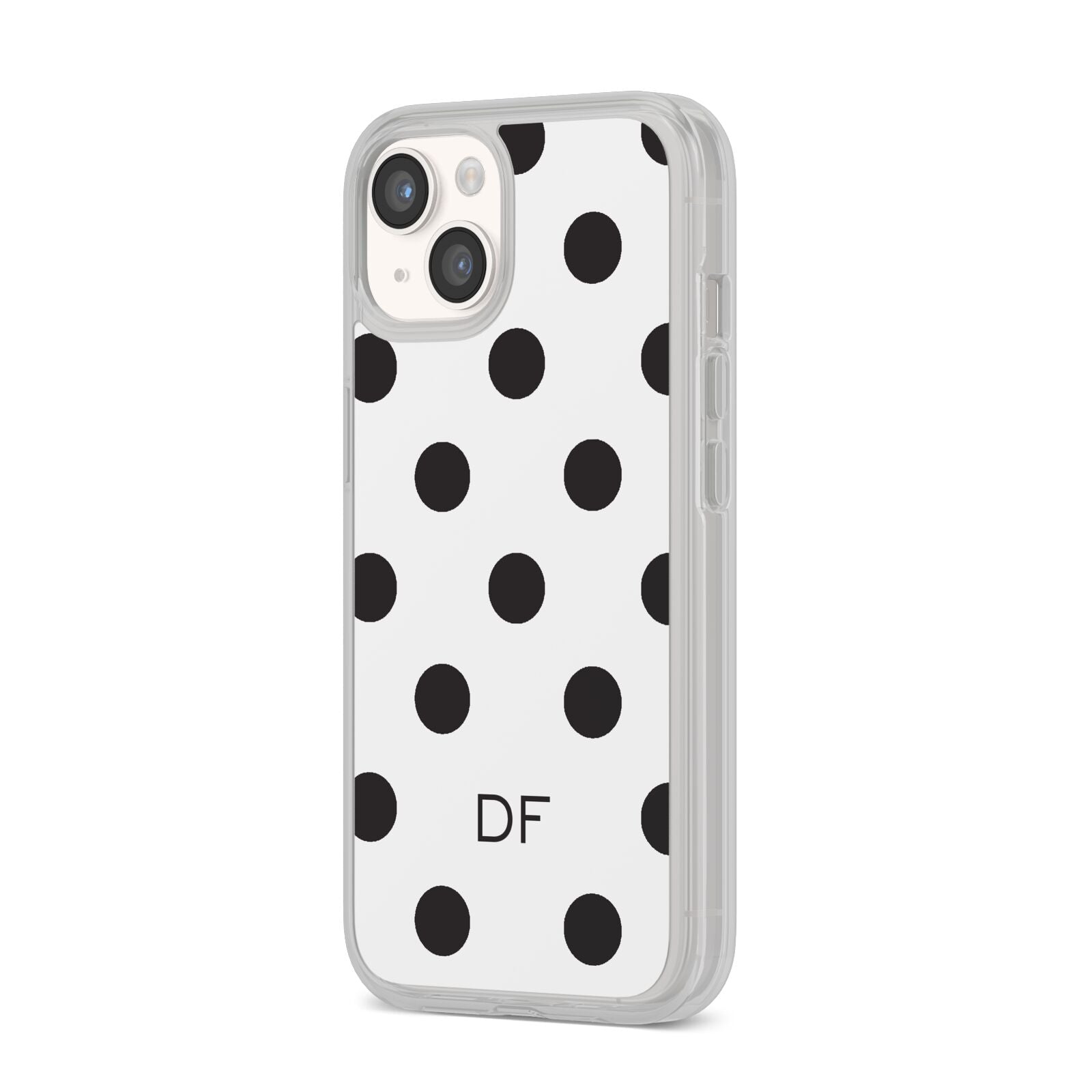 Personalised Initial Black Dots iPhone 14 Clear Tough Case Starlight Angled Image