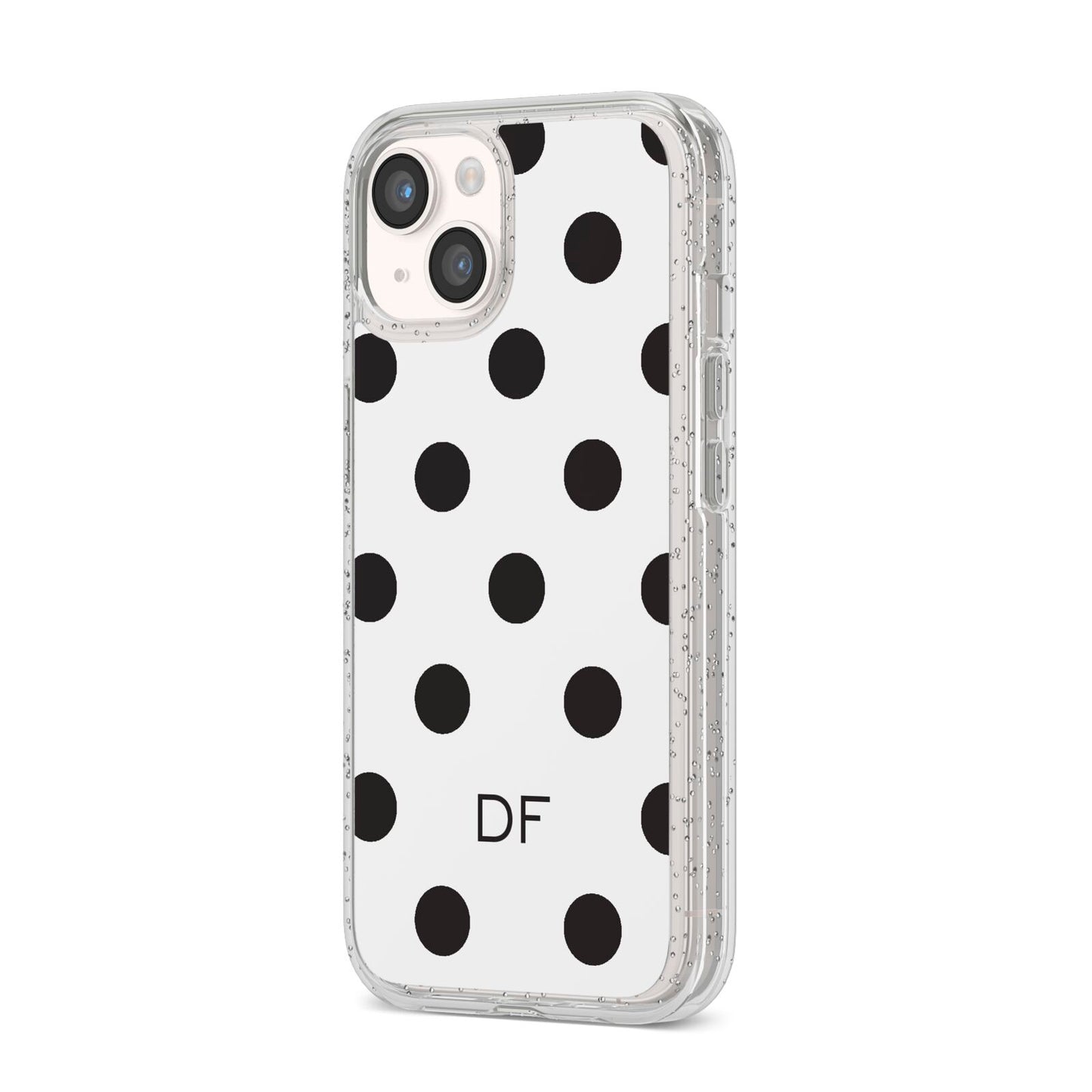 Personalised Initial Black Dots iPhone 14 Glitter Tough Case Starlight Angled Image