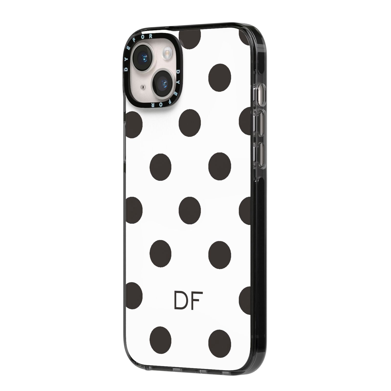 Personalised Initial Black Dots iPhone 14 Plus Black Impact Case Side Angle on Silver phone