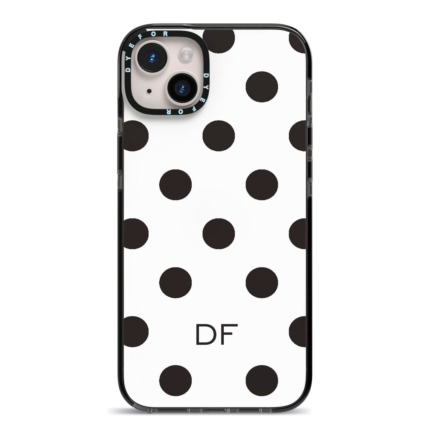 Personalised Initial Black Dots iPhone 14 Plus Black Impact Case on Silver phone