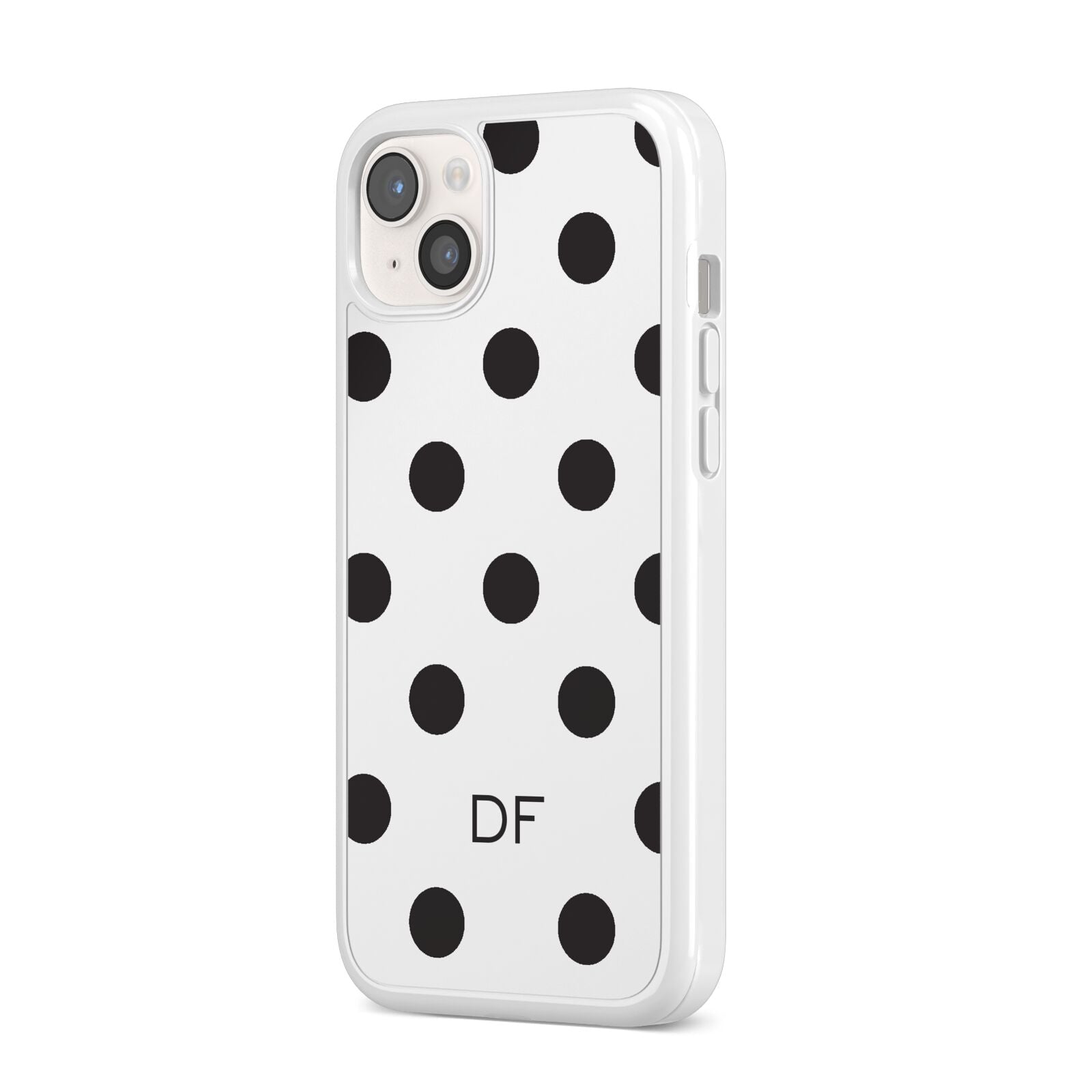 Personalised Initial Black Dots iPhone 14 Plus Clear Tough Case Starlight Angled Image