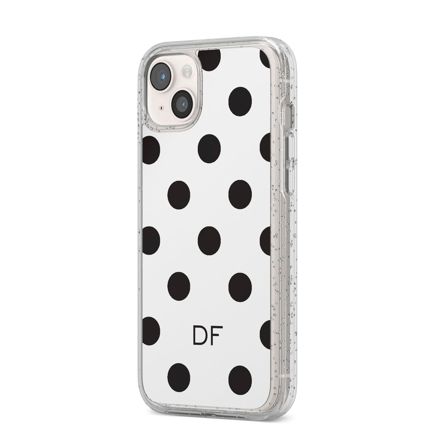 Personalised Initial Black Dots iPhone 14 Plus Glitter Tough Case Starlight Angled Image