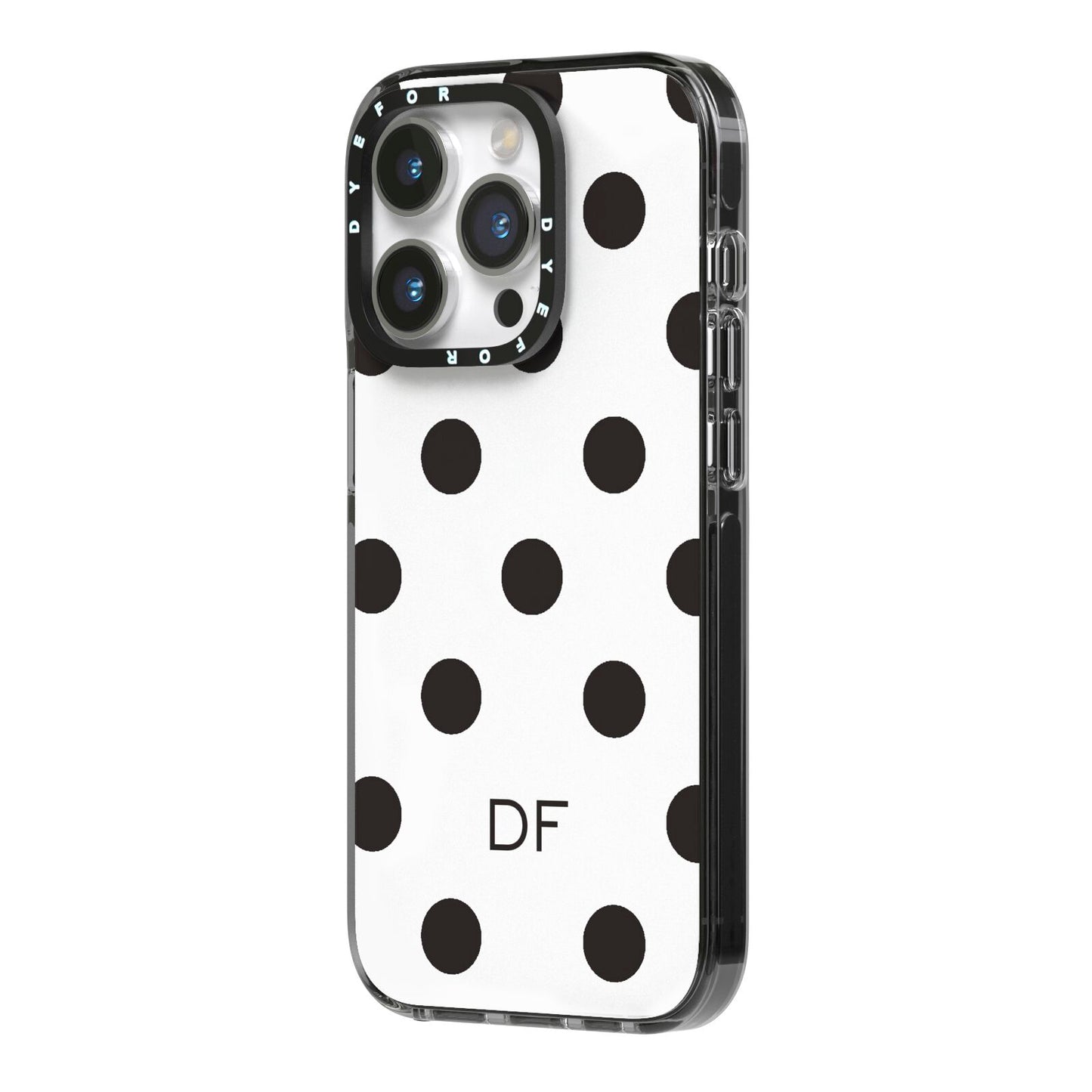 Personalised Initial Black Dots iPhone 14 Pro Black Impact Case Side Angle on Silver phone