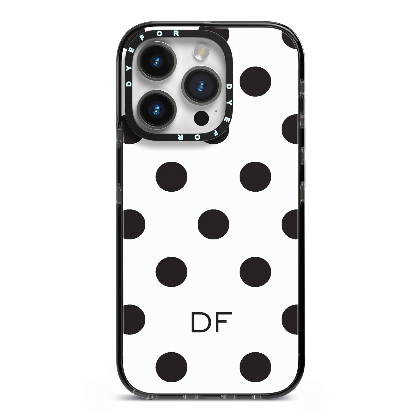 Personalised Initial Black Dots iPhone 14 Pro Black Impact Case on Silver phone