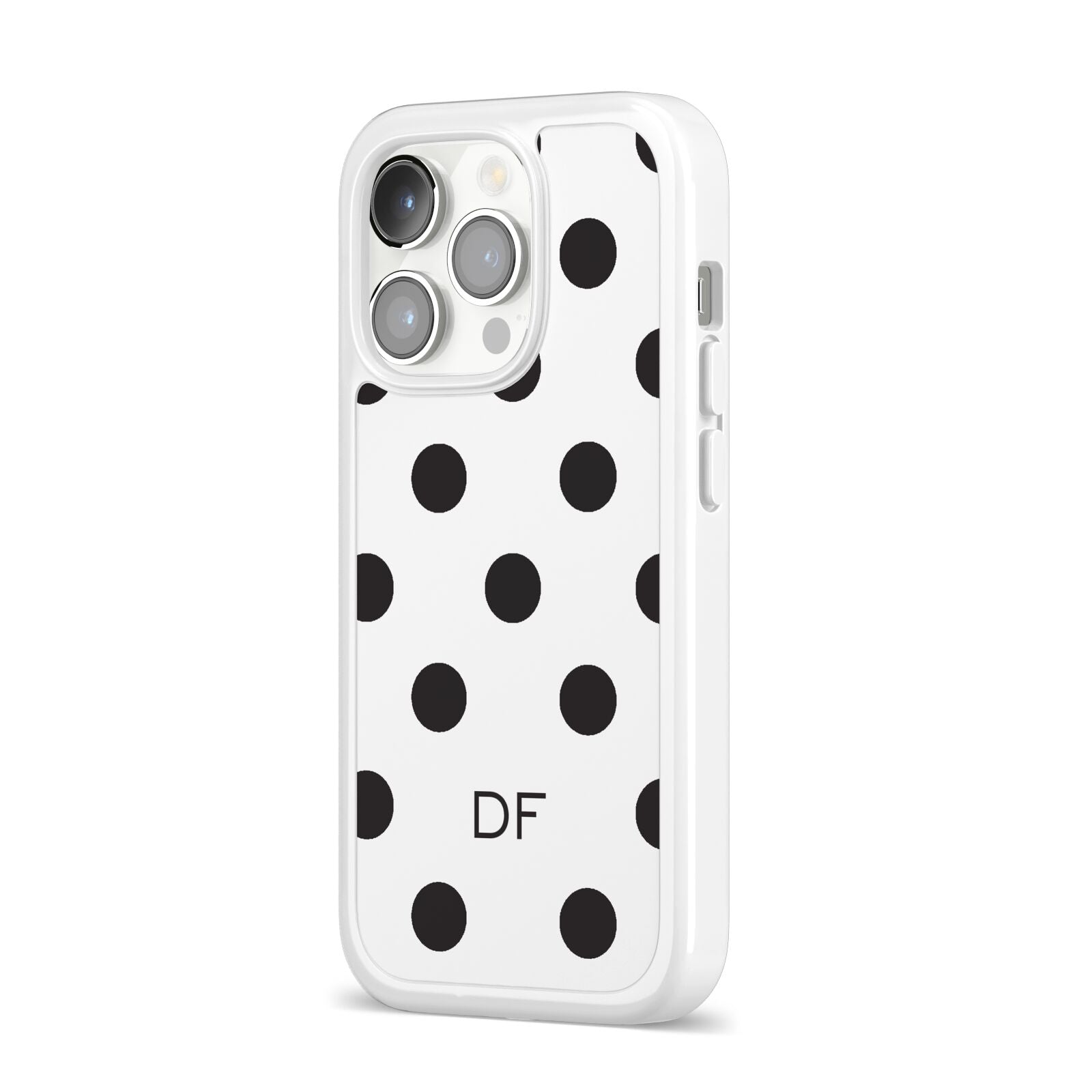 Personalised Initial Black Dots iPhone 14 Pro Clear Tough Case Silver Angled Image